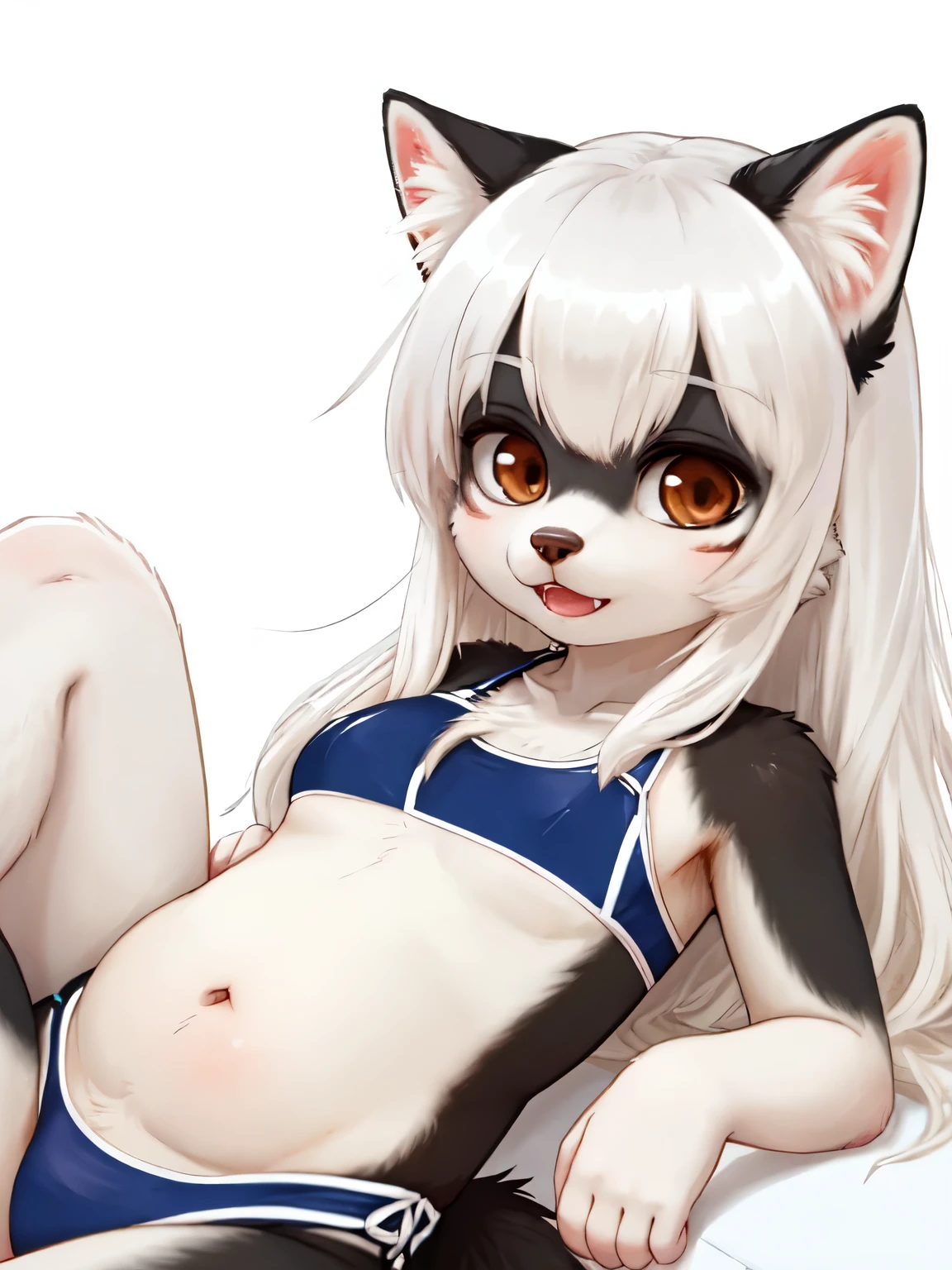 (a young black female wolf furry), black fur, cat-like face, white fur on jaw , white fur on belly, white fur on limb's edge, long white hair, straight bangs, brown eyes, tummy, fang, swimsuit