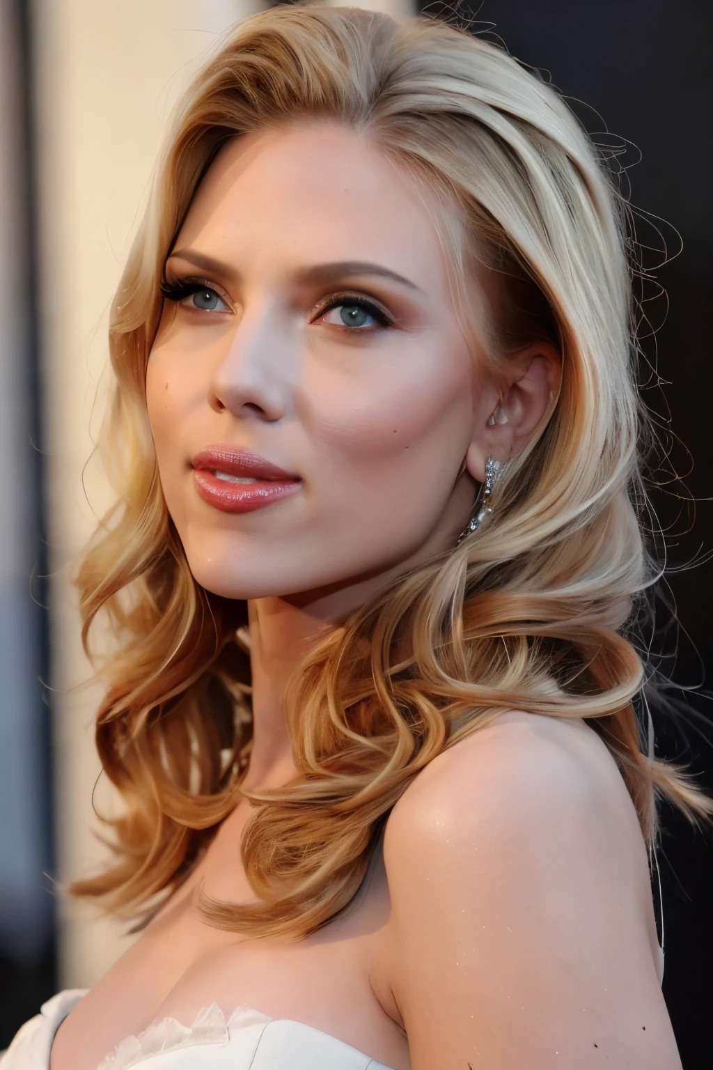(8k, RAW photo, best quality, highres: 1.2), (realistic, photorealistic: 1.37), 1girl, Scarlett, lips, ((lips separated)), soft hair, light smile, seductive eyes, (upper body: 1.3), looking at the viewer, beauty mark, big breasts. large neckline (eye focus, 135mm lens, F/1.8, lens flare),