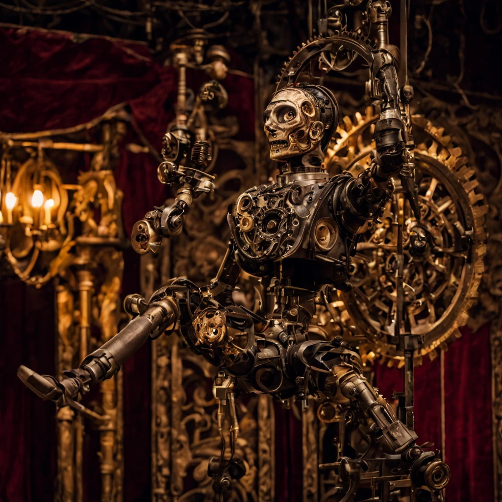 a mechanical puppet with intricate gears and springs, detailed joints and limbs, polished metal body, realistic human-like movements, vintage and aged appearance, controlled by a skilled puppeteer, intricate design and craftsmanship, steampunk style, dimly-lit stage, dramatic shadows, dynamic poses, gears and cogs in motion, whimsical and fantastical atmosphere, antique theater setting, rich colors and textures, Victorian era-inspired costumes, ornate decorations and props, twisted and eerie facial expressions