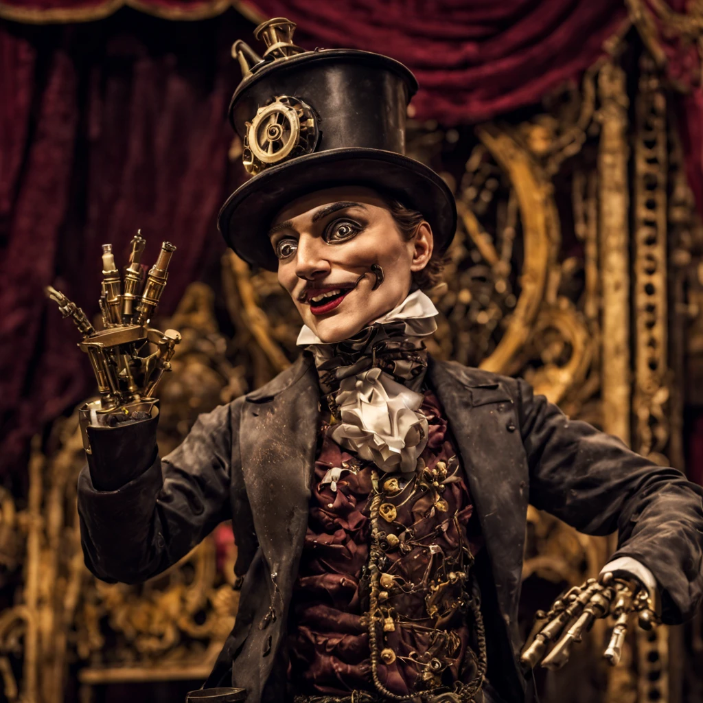 a mechanical puppet with intricate gears and springs, detailed joints and limbs, polished metal body, realistic human-like movements, vintage and aged appearance, controlled by a skilled puppeteer, intricate design and craftsmanship, steampunk style, dimly-lit stage, dramatic shadows, dynamic poses, gears and cogs in motion, whimsical and fantastical atmosphere, antique theater setting, rich colors and textures, Victorian era-inspired costumes, ornate decorations and props, twisted and eerie facial expressions