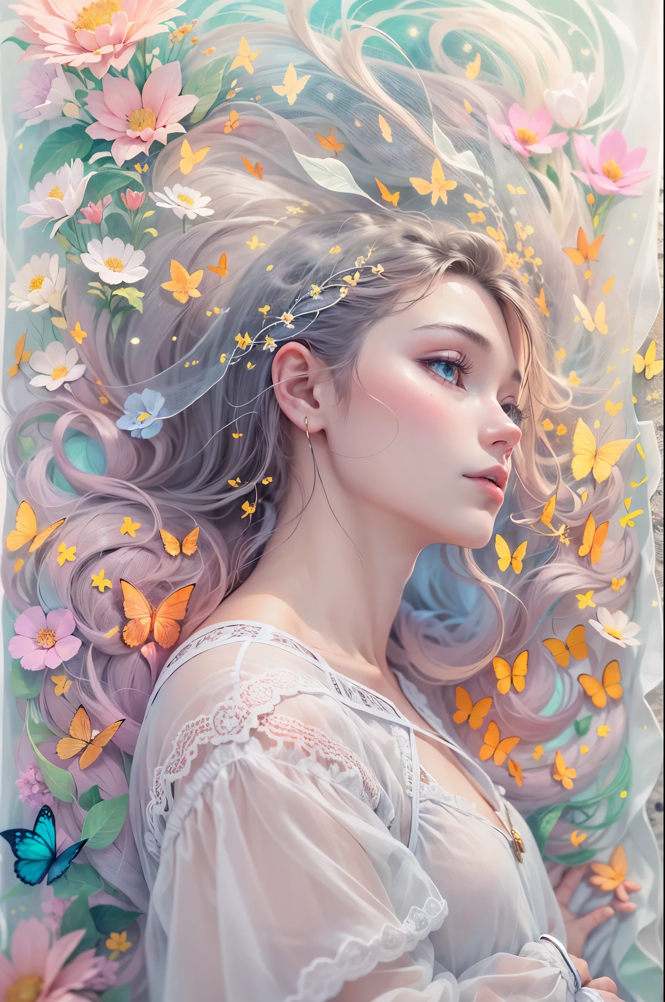 The foreground is a dreamer, highlighting lines and minimalist style in the state of white transparent gauze; The background features flowing flower wreaths, butterflies, and small celestial bodies, using an abstract sci-fi style Moranti color scheme