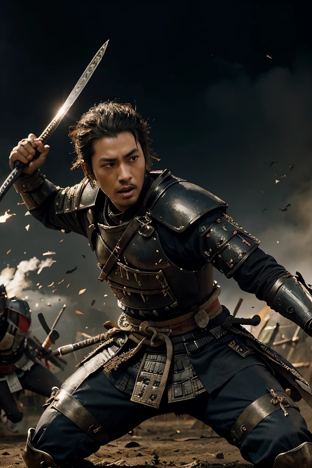 A depiction of Yasuke engaging in combat with samurai warriors on a battlefield during the Sengoku period.