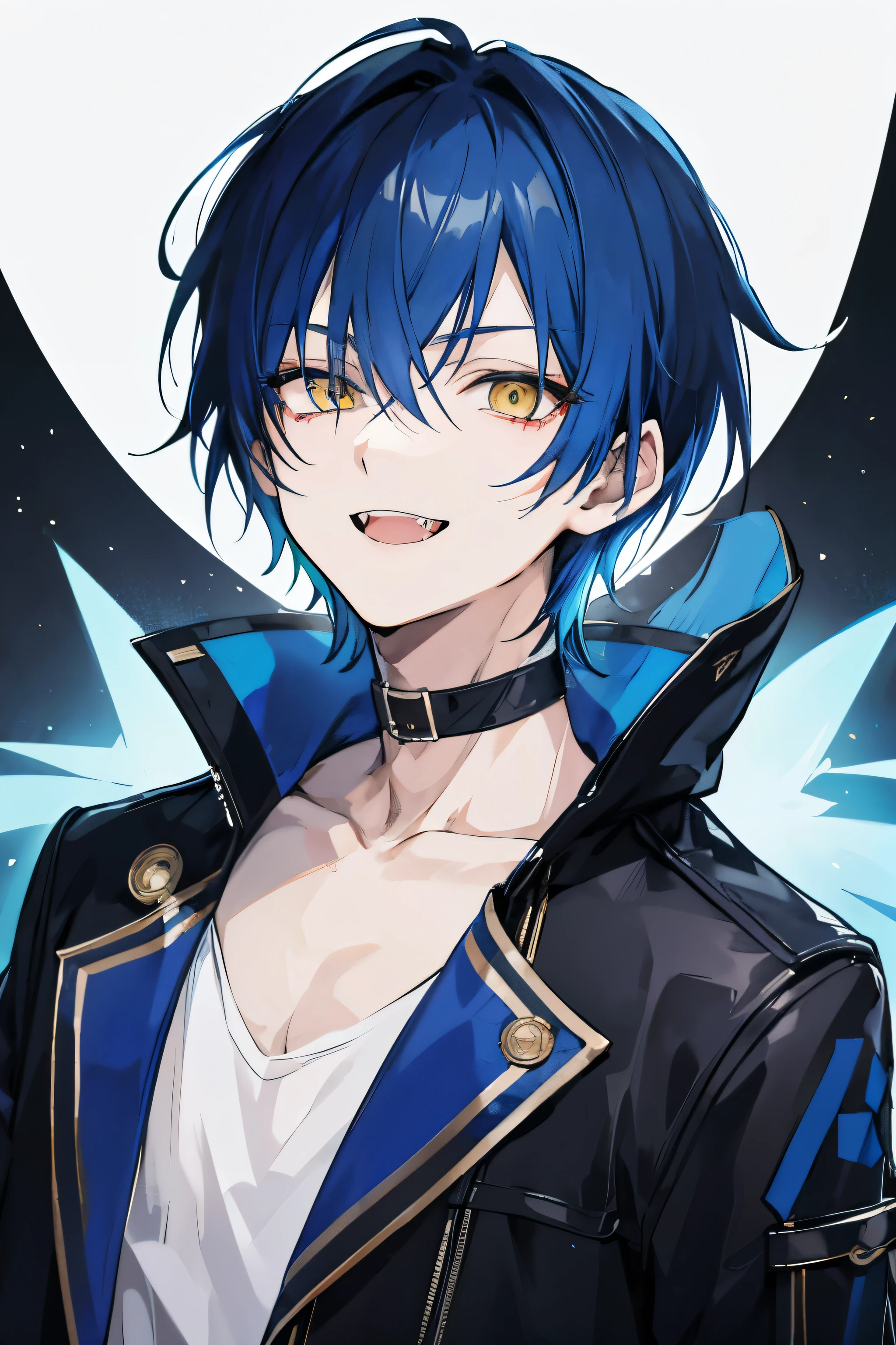 anime boy with blue hair and black jacket, yellow eyes, young man, Short hair, short bang, bandage on his face, smile, fangs