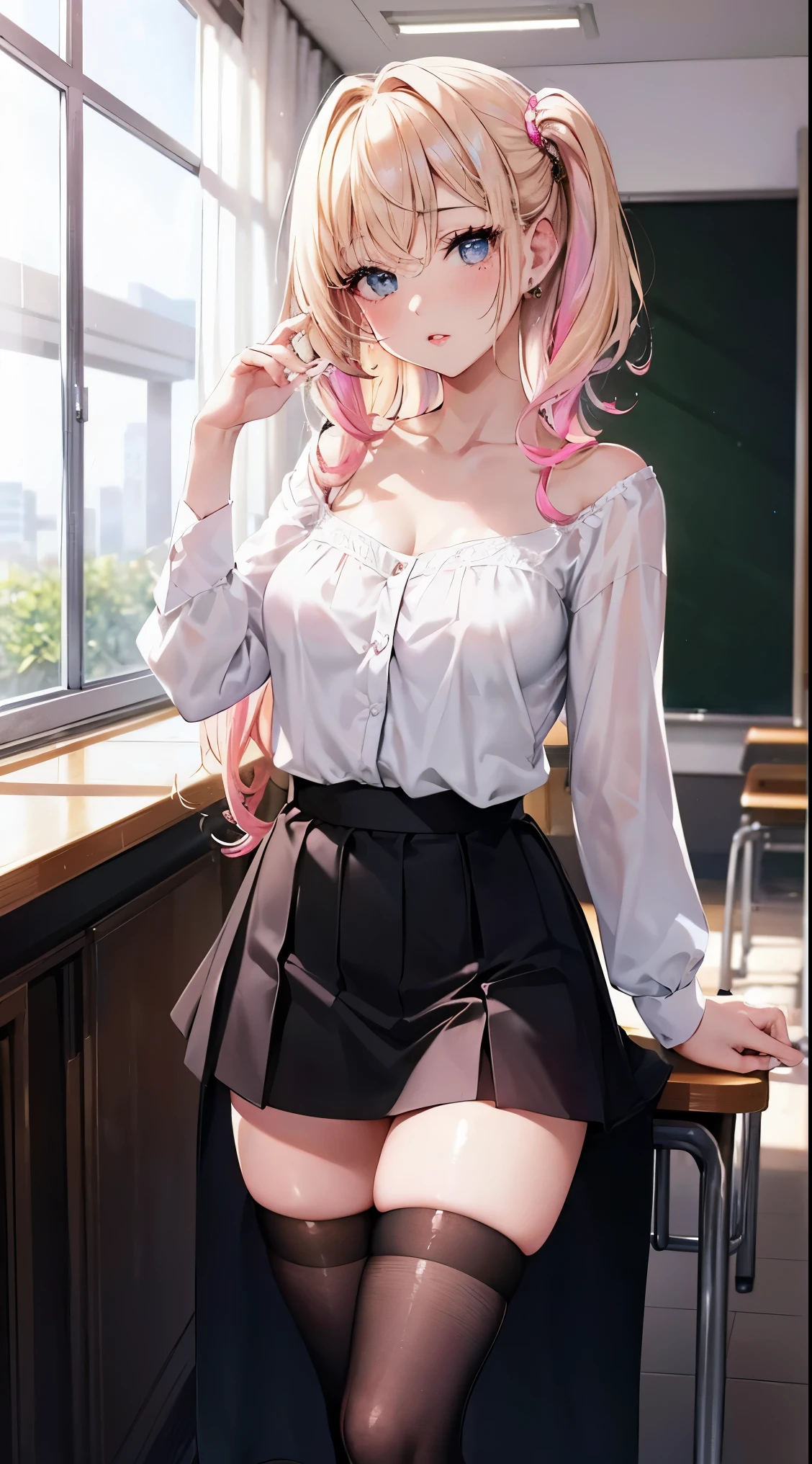 Highest Quality, masterpiece, beautifully detailed eyes, lightly curled Blonde Hair, Gradient Hair, pink highlights in hair, standing, makeup, glossy lips, full lips, white blouse, medium breasts, collarbone, tiny black microskirt, thigh highs, (classroom)