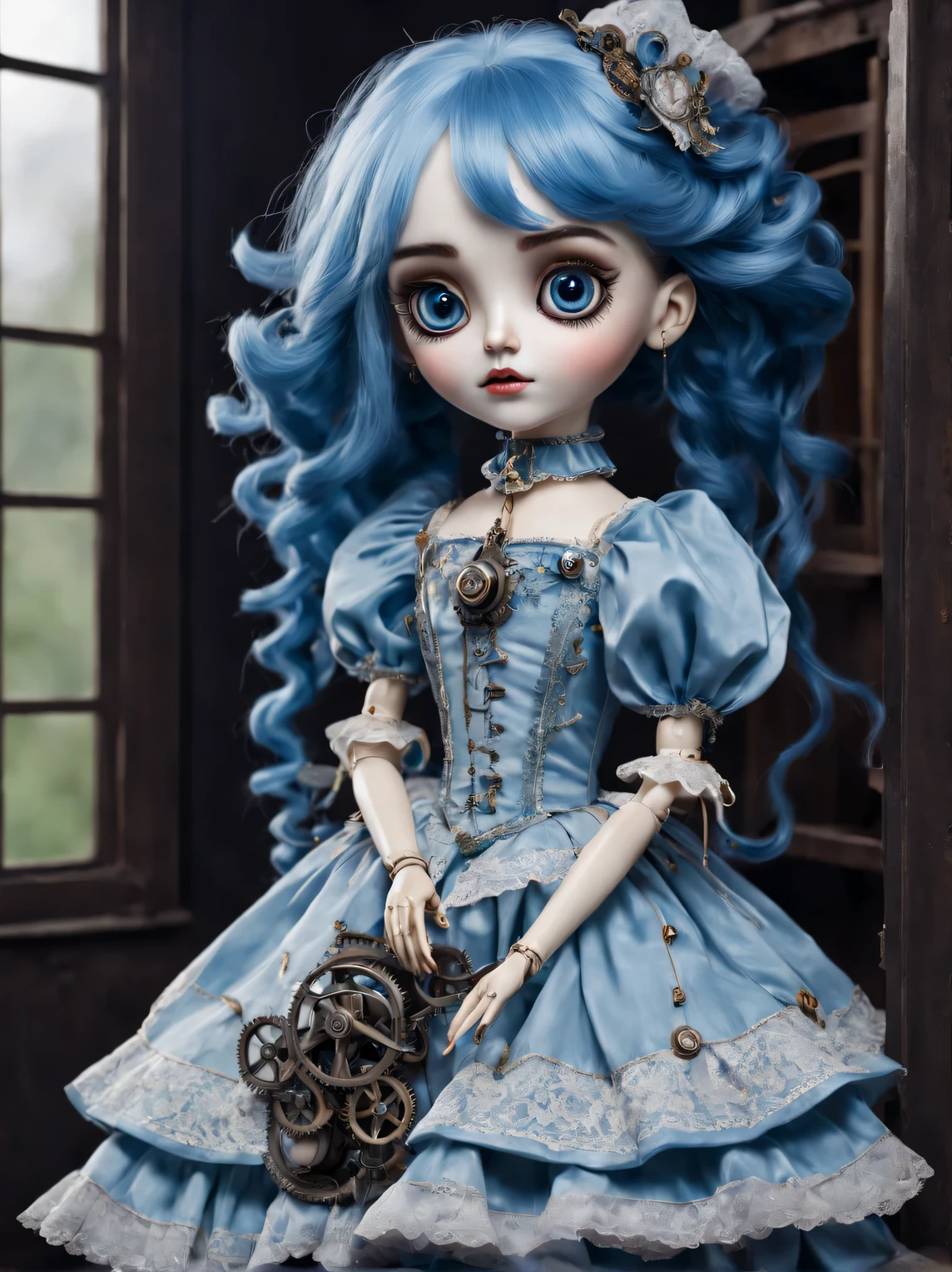 Mechanical Puppet - a girl with blue hair and a porcelain head., large expressive eyes, Good, Cute face, beautiful elegant dress of a smart and well-mannered girl, fully mechanical, The mechanical doll is described in detail., High detail, full bidi, full pose