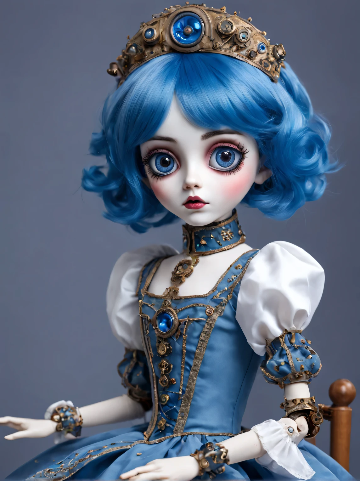 Mechanical Puppet - a girl with blue hair and a porcelain head., large expressive eyes, Good, Cute face, beautiful elegant dress of a smart and well-mannered girl, fully mechanical, The mechanical doll is described in detail., High detail, full bidi, full pose