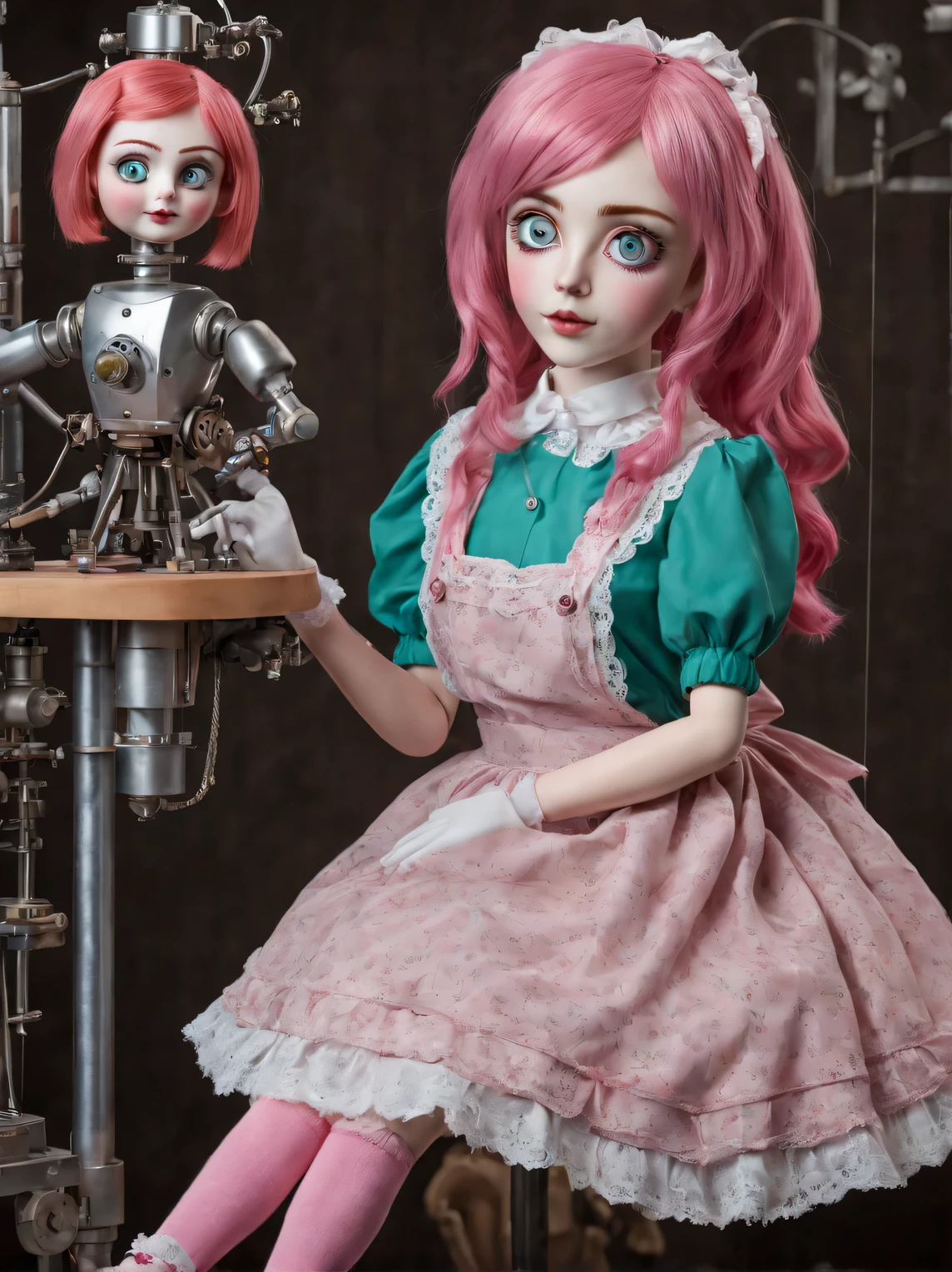 Mechanical Puppet - a girl with pink hair and a porcelain head., large expressive green eyes, kind sweet face, beautiful elegant dress of a smart and well-mannered girl, pink apron with lace, pink lace socks and blue shoes on feet, full height, full pose, whole body, fully mechanical, The mechanical doll is described in detail., High detail