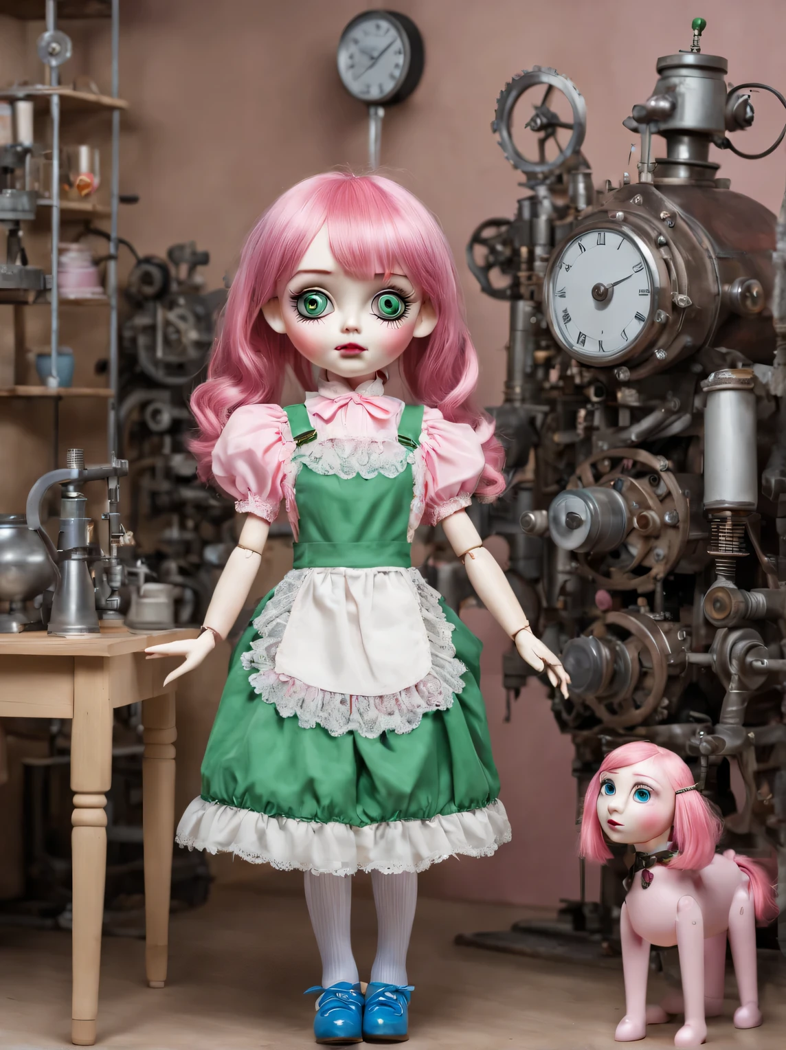 Mechanical Puppet - a girl with pink hair and a porcelain head., large expressive green eyes, kind sweet face, beautiful elegant dress of a smart and well-mannered girl, pink apron with lace, pink lace socks and blue shoes on feet, full height, full pose, whole body, fully mechanical, The mechanical doll is described in detail., High detail