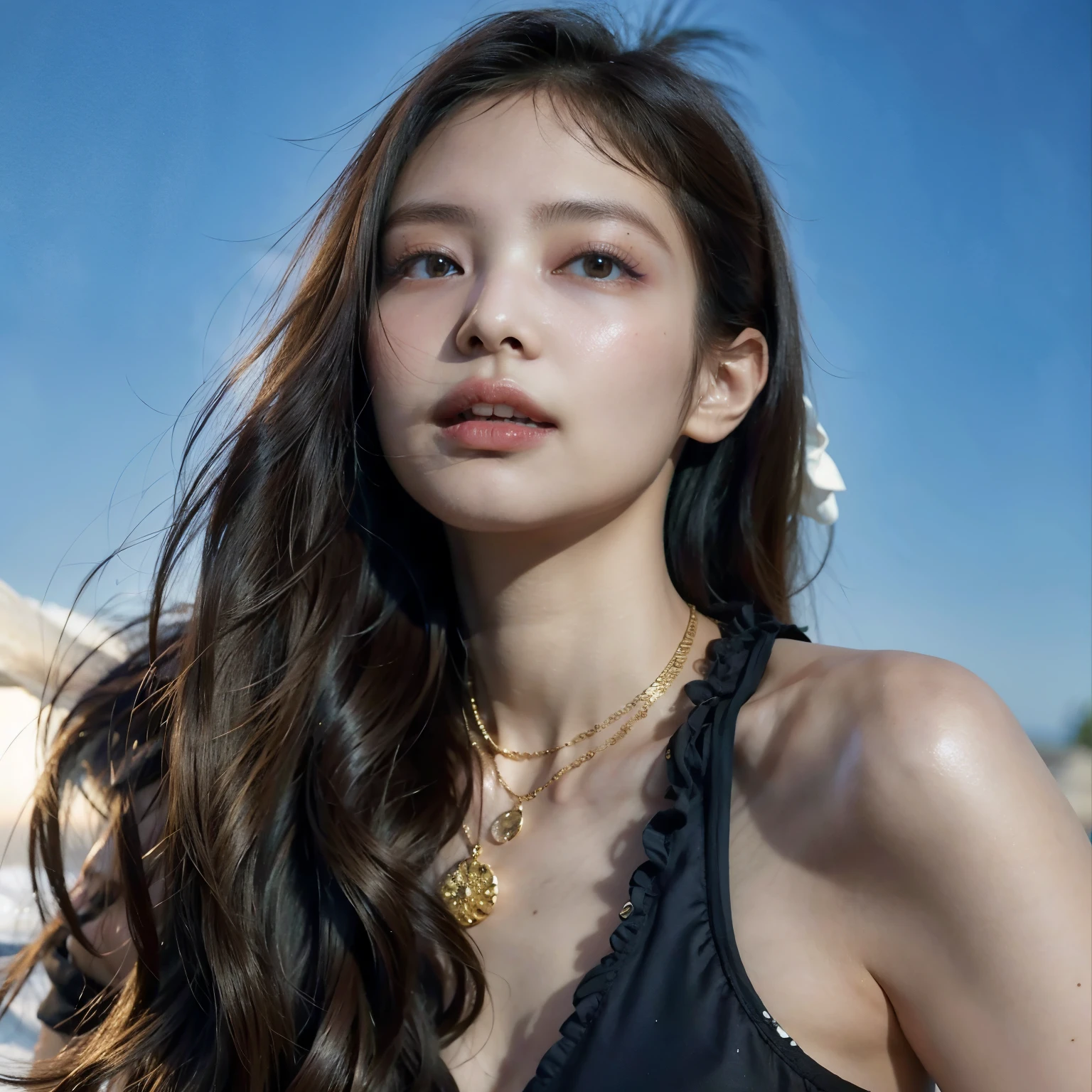 uma mulher com cabelos longos usando um vestido preto e um colar de ouro, Retrato de Sophie Mudd, Bella Poarca, imagem vazada, Bela Hadid, flawless brown skin, ela tem pele morena oliva, gema chen, por Alexis Grimou, karolina cummings, lindo rosto latina, ela tem um brilho vindo dela, por Christen Dalsgaard, beleza de cair o queixo