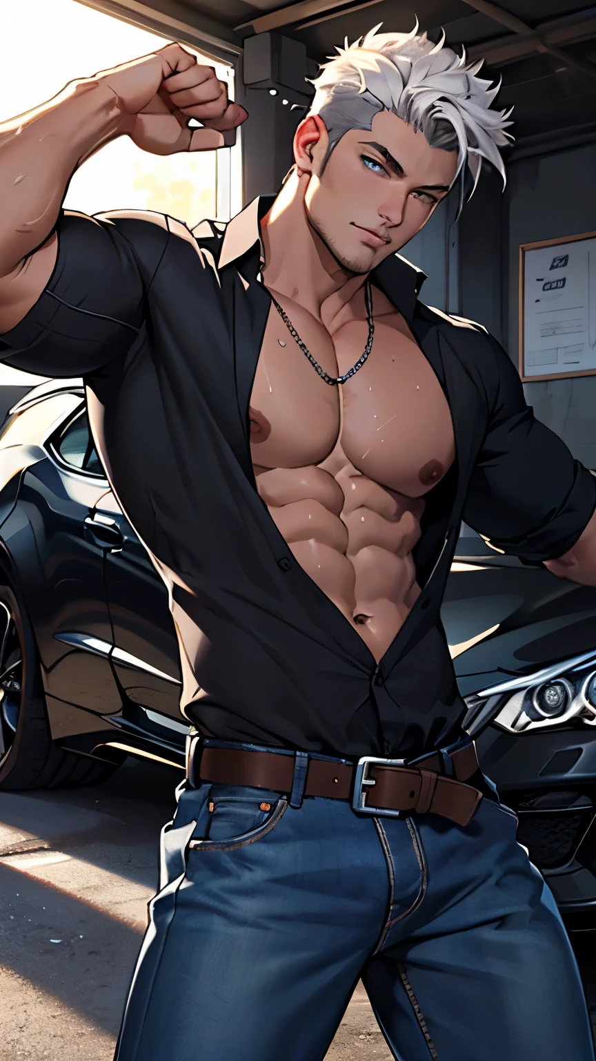 ((best quality)), ((Masterpiece)), (details), perfect face,high definition,Masterpiece,4k,details clearly,,,Handsome face,white skin,perfect body,male body,strong muscles,Abdomen muscles are wavy....,abdomen,blue eyes,white skin,The most handsome man in the world,handsome,,The coolest face,Male characters,challenge,Show off your body,Strong breasts,beautiful eyes,Look clearly.,sexy male underwear,strong legs,wet body,Show off your arm muscles,luxurious,crystal,millionaire,Ratchawong House,luxurious,Show off your muscles,black jeans,luxury car,sport car,Coolest car,shirtless,curly hair,pose on car,luxury belt,perfect hands,perfect eyes,in the garage,V shape,inside,studio light,black car,car lights,perfect male face,pose like champion,shatter jeans,eyes,close up,sleeveless shirt,open shirt,hotest pose