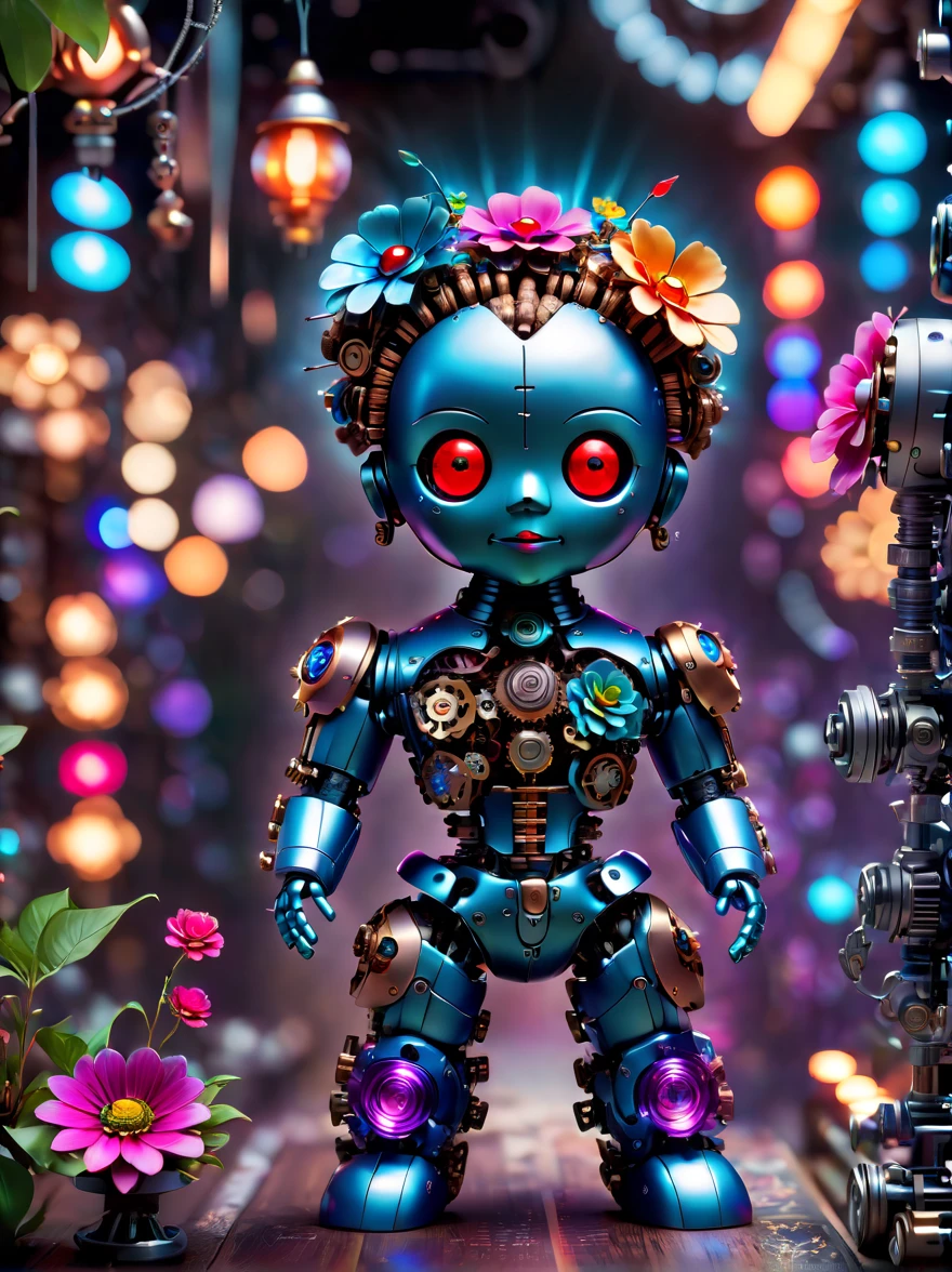 (three-dimensional，Mechanical feel，cute，1 small clown doll，Mechanical doll: 1.3), ((solo)), Colorful neon lights, High-tech mechanical parts, Metal body, Detailed vibranium flower design, bright colors, Dynamic glowing flowers, Reflective metal surface, bright environment, dynamic poses, Exquisite presence, skill improved, interlocking mechanical gears, Stylish design, motion blur effect, Detailed metal processing, Sci-fi atmosphere, Streamlined aerodynamic shape, Laser scanning pattern, Holographic projection, LED light track, beautiful and unforgettable, Advanced sensors, complex algorithm, Ominous and mysterious atmosphere, electric spark, Shiny chrome plating, Propulsion systems of the future, BJ_Gundam, (best quality, 8k, high resolution, masterpiece: 1.2), Super detailed, (whole body:1.8)