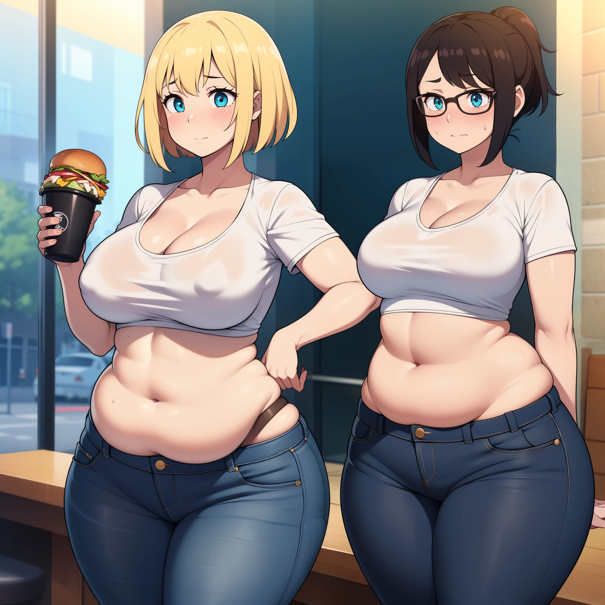 ((highres)), high quality, best quality, masterpiece, perfect lighting, detailed face, ultra cute face, ((2girls)), ((blush)), embarrassed, one girl has blonde hair, blue eyes, crop top and shorts, one girl has brown hair, green eyes, jeans, white shirt, tight clothes, fast food restaurant, medium breasts, cleavage, perky breasts, (wide hips), ((thick thighs)), (chubby), standing next to each other, belly grab
