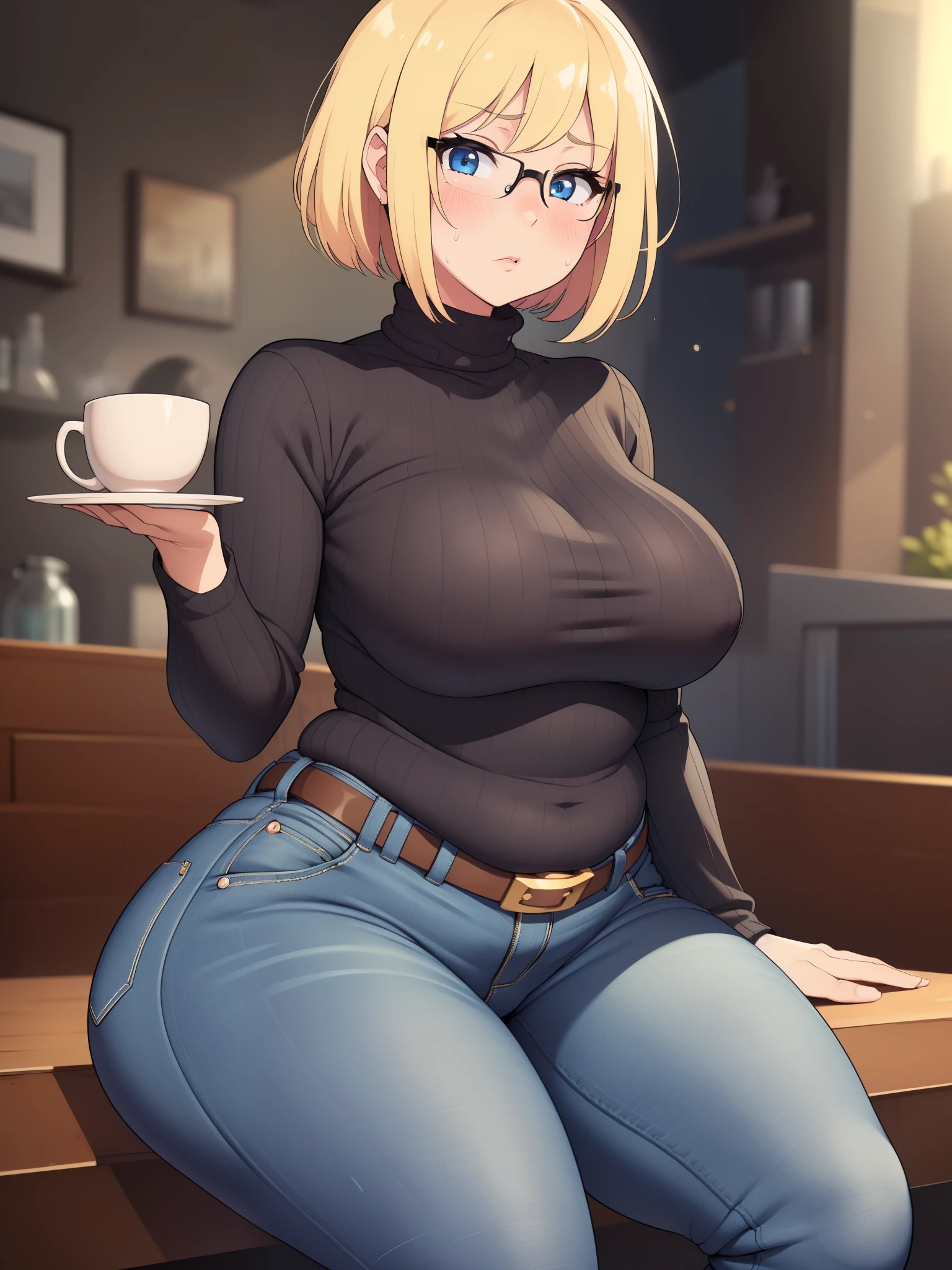 ((Masterpiece)), perfect anatomy, perfect shading, field of depth, (best quality), extremely delicate and beautiful, perfect lighting, detailed face, ultra cute face, cute, (cowboy shot 1.2), turned to the side, (((1girl))), ((solo)), looking at viewer,
short hair, fluffy hair, blonde hair, blue eyes, Glasses, ((Blush)), shy, nervous, sweating, (black turtleneck sweater 1.5), (jeans 1.2), belt, extremely tight clothes, large breasts, ((wide hips)), ((thick thighs)), ((chubby)), chubby belly
coffee shop, sitting, intricate background, detailed background,