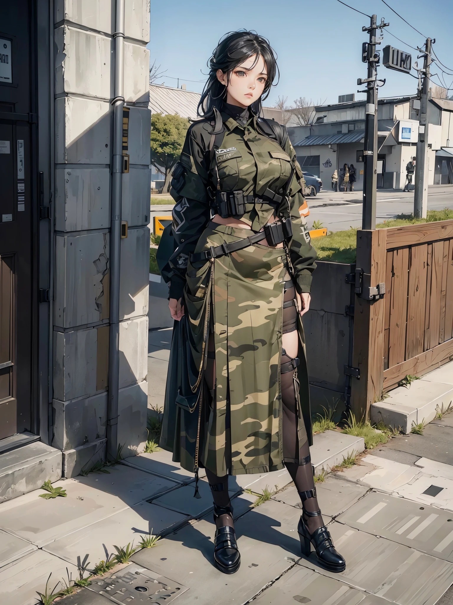 masterpiece,best quality,real person,(beautiful girl),Cautious expression,whole body,Standing posture,((Reveals skin texture)),((very big )),((Gray background)),backlight,street,ruins,((dark ruins)),((call of duty)),((Tom Clancy's Rainbow Six Siege)),modern architecture,((long black hair)),((Exquisite facial expressions)),Exquisite hairstyle,Super fine,Pay attention to facial details,((Stylish clothing design)),Military style long skirt designs for women,((Detailed facial portrayal)),((Extreme details)),8K,((Black haired female soldier)),black eyes,long hair,long eyelashes,Fine eye details,Detailed depiction of modern military equipment,art of composition,(Dirty with body armor and tactical gear((Camo Medics Skirt))Paired with a large military trench coat),((Black strap decoration)),whole body,mature women,Medics,Super detailed,long bangs,Super details