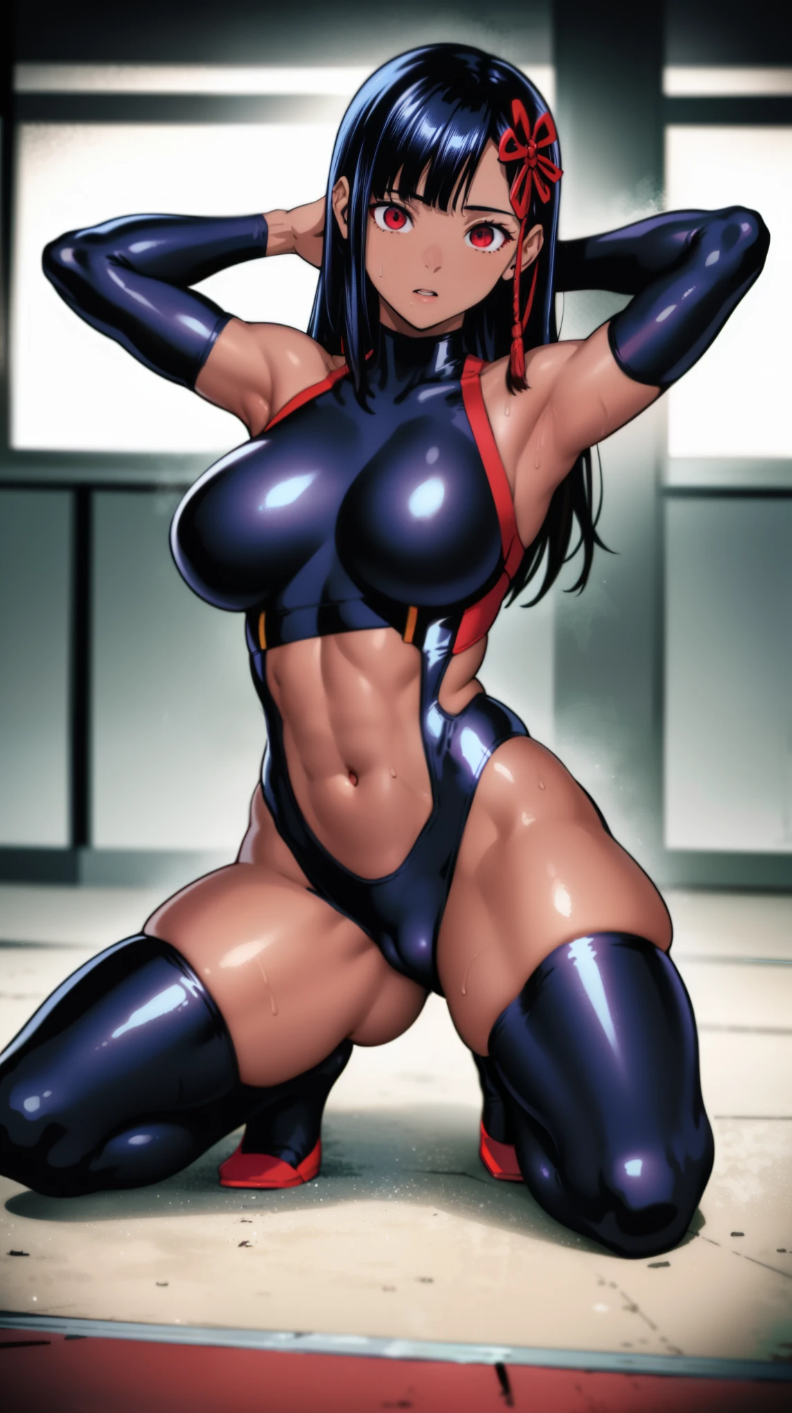 1 female, NSFW,(dark skin), Ren Yamashiro,(Demon City Spirit Soldier Slave), yamashiro768, clavicle, glowing red eyes,absurd, brainwashing,empty eyes, empty eyes, huge breasts,erasure of emotions, No expression,(black latex tight bodysuit),avert your eyes , 全身shape, ((squat,spread your legs, arm behind head)),(highest quality、4k、8k、High resolution、must have:1.2)、Super detailed、(reality、reality的なです、reality的な:1.37)、ticker、hyper hd、studio lighting、ultra definition paint、sharp focus、Physically based rendering、extreme details、Professional specifications、vibrancy and color、blurry、sports portrait、landscape、horror style、anime big breasts、SF、photograph、concept artist、five fingers, perfect body, {{{masterpiece}}}, {{{highest quality}}}, {{Super detailed}}, {shape}, {{very delicate and beautiful}},Improved cost performance、all roles、Canon 5D MK4でphotograph、photograph,