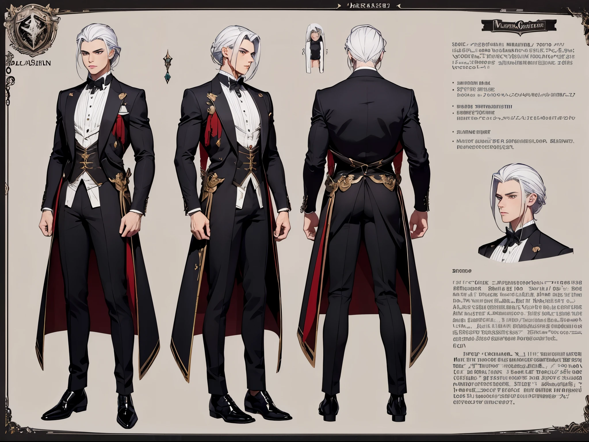 ((Masterpiece, Highest quality)), Male, boy, Detailed face, character design sheet,full body esbian, Full of details, frontal body view, back body view, Highly detailed, Depth, Many parts, Muscle boy with white hair,handsome man, vampire outfit clothes, man tall, pectoral muscles, abs