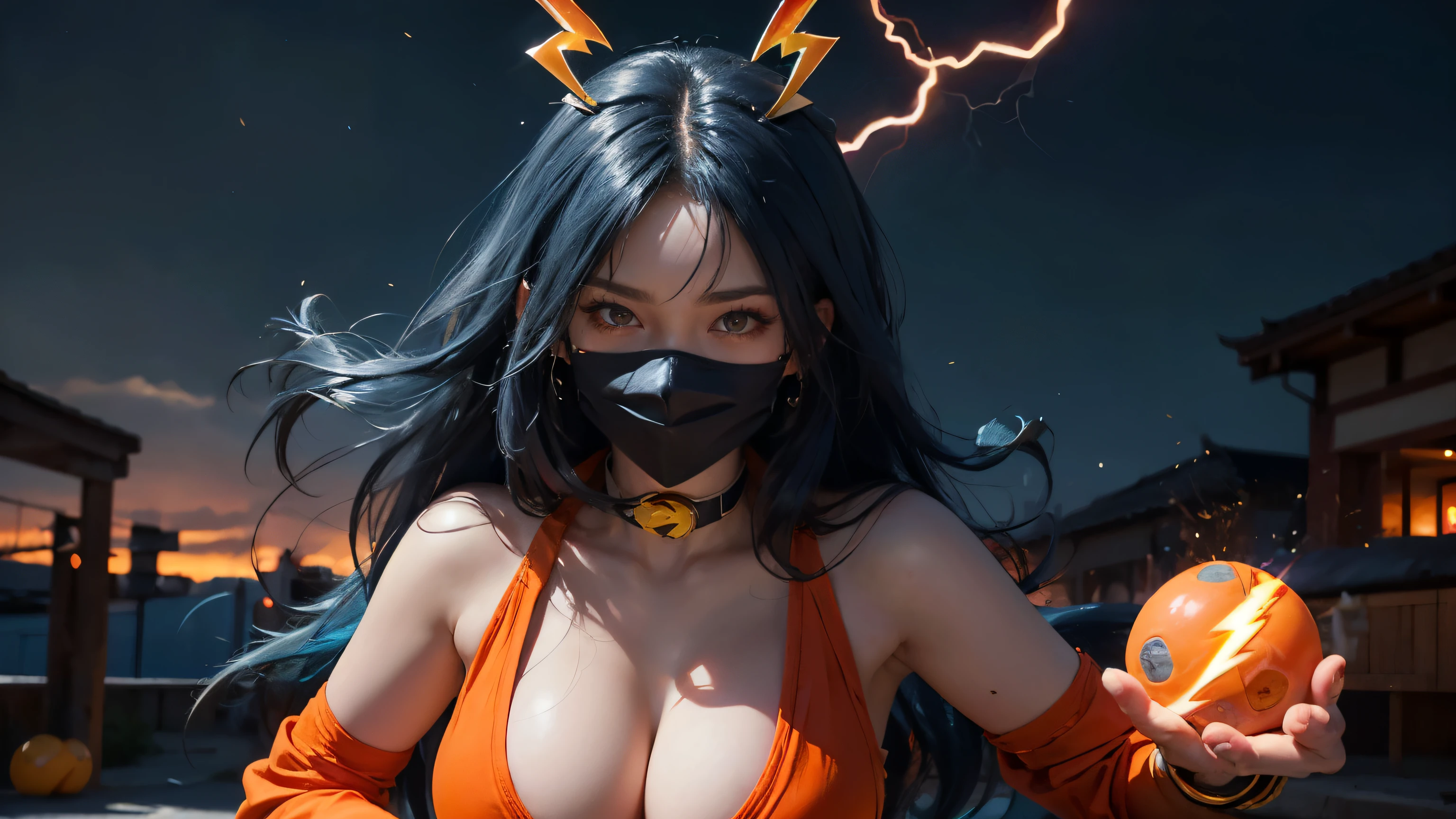 ((best quality)), ((masterpiece)), (detailed), perfect face, ((best quality)), ((masterpiece)), (detailed), Big tits girl, dragonball style, energie aura around a girl, goku, dragon ball, orange clothes,((power)), angry, energie, super powered, ((fireball on a hand)), looking ahead ,((stocking)), ((wearing orange mask)), ((volt energie around the girl)), ((sexy)), more fire, ((more dragon balls)) ,(lightning), big tits on focus, (posing with her ), (long blue hair)