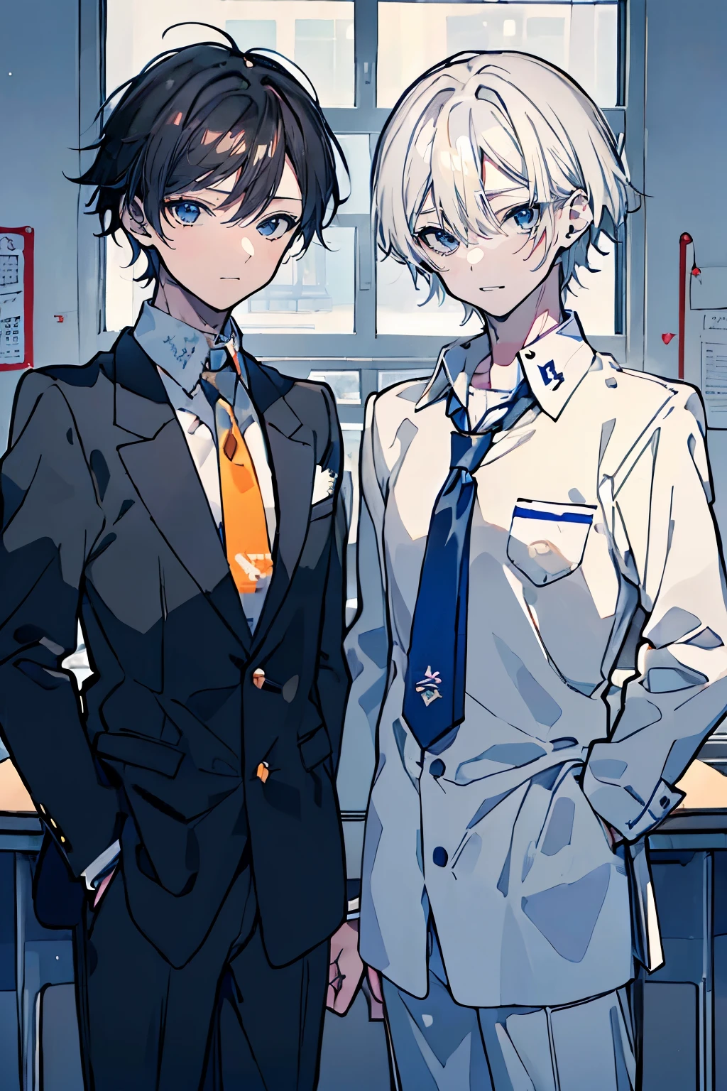 (muste piece), (best quality), very detailed, (((Two friendly high school boys:1.5))), perfect face, beautiful face, very detailed face,(black haired man:1.3),(white haired man:1.3),School,classroom,student uniform,tie,shirt