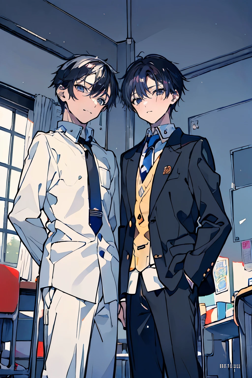 (muste piece), (best quality), very detailed, (((Two friendly high school boys:1.5))), perfect face, beautiful face, very detailed face，(black haired man:1.3)，(white haired man:1.3)，School，classroom，student uniform，tie，shirt