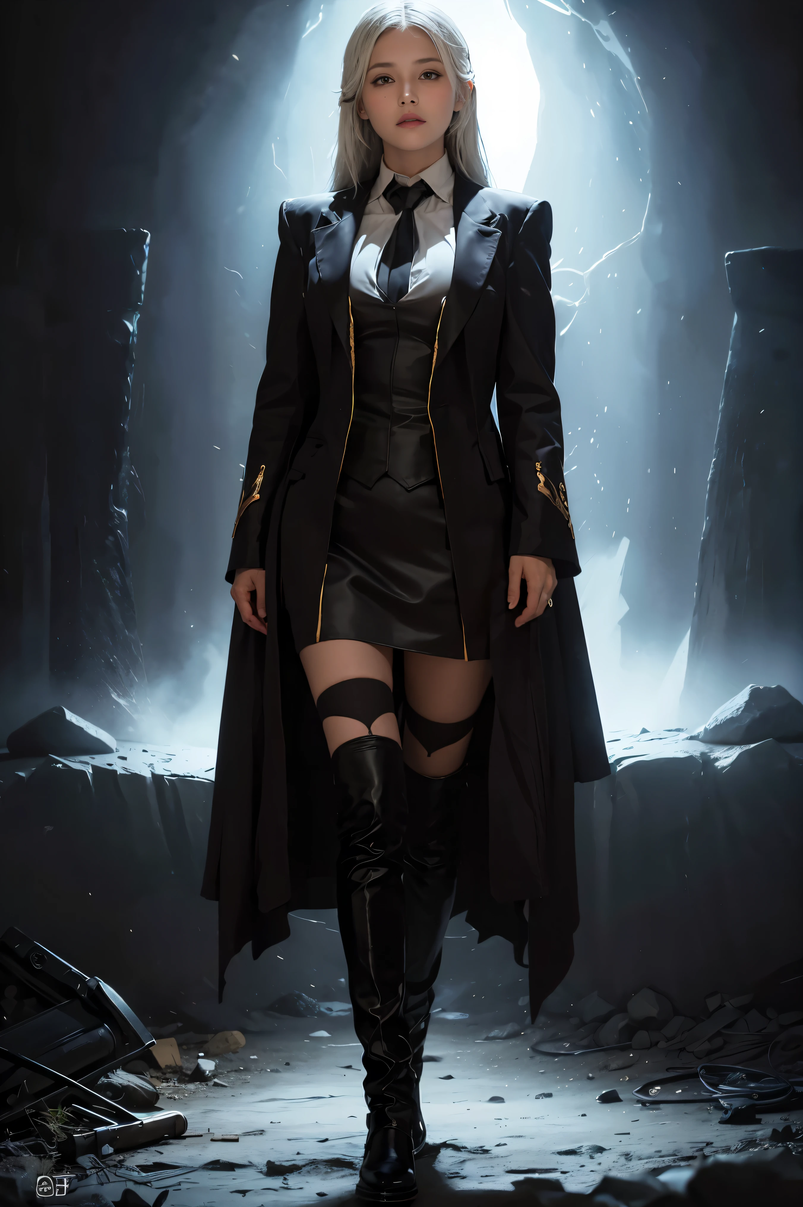(in the darkness:1.6), Surrealist portraits of women by David Hockney and Alphonse Mucha,full-body shot(full-body shot片),fantasy art, lifelike, Dynamic lighting, art station, poster, Volumetric lighting, Very detailed faces, 4k, Award-winning,, 1 girl, in the darkness, deep shadow, low profile,cowboy shooting,(official clothing:1.4) ,long hair,white hair,