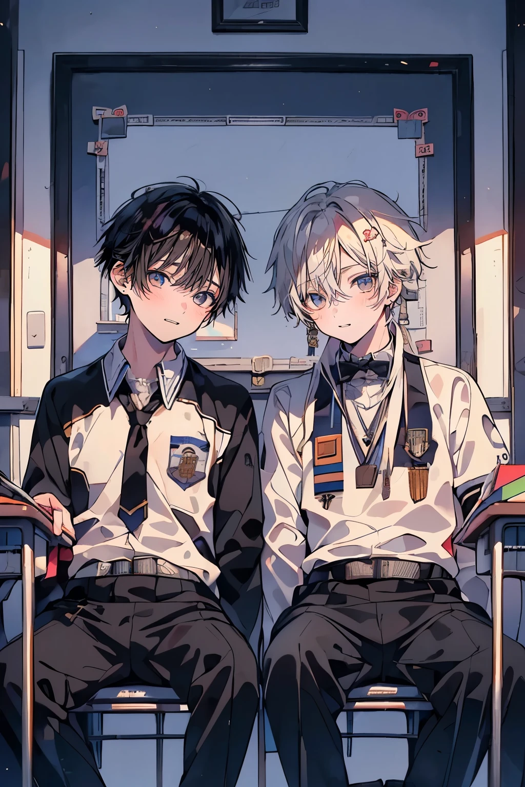 (muste piece), (best quality), very detailed, (((Two friendly high school boys:1.5))), perfect face, beautiful face, very detailed face，(black haired man:1.3)，(white haired man:1.3)，School，classroom，student uniform，tie，shirt