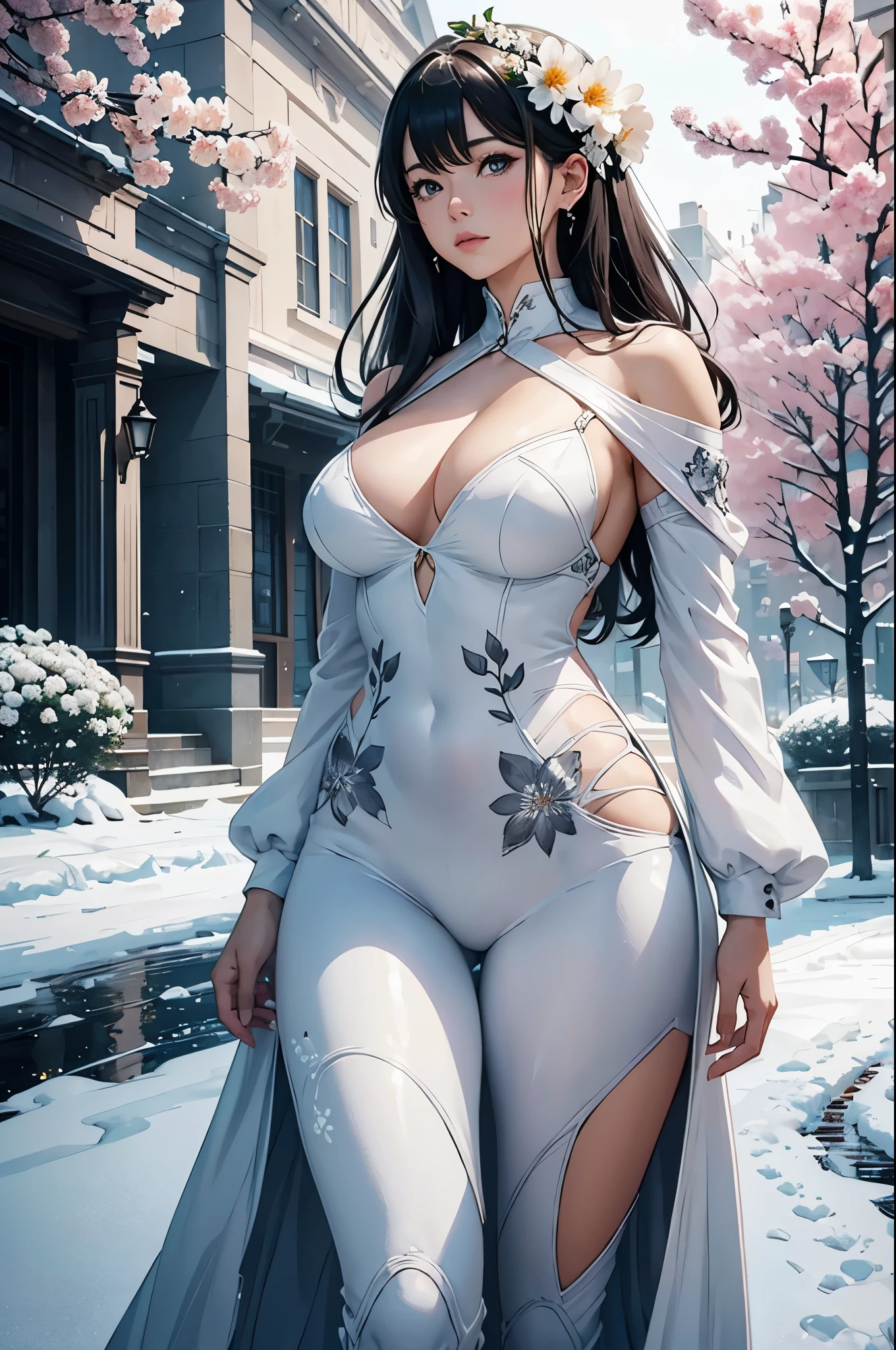 a beautiful woman holds blooming flowers, in the style of kawacy, white and silver, sam spratt, snow scenes, exaggerated nobility, comic art, artgerm