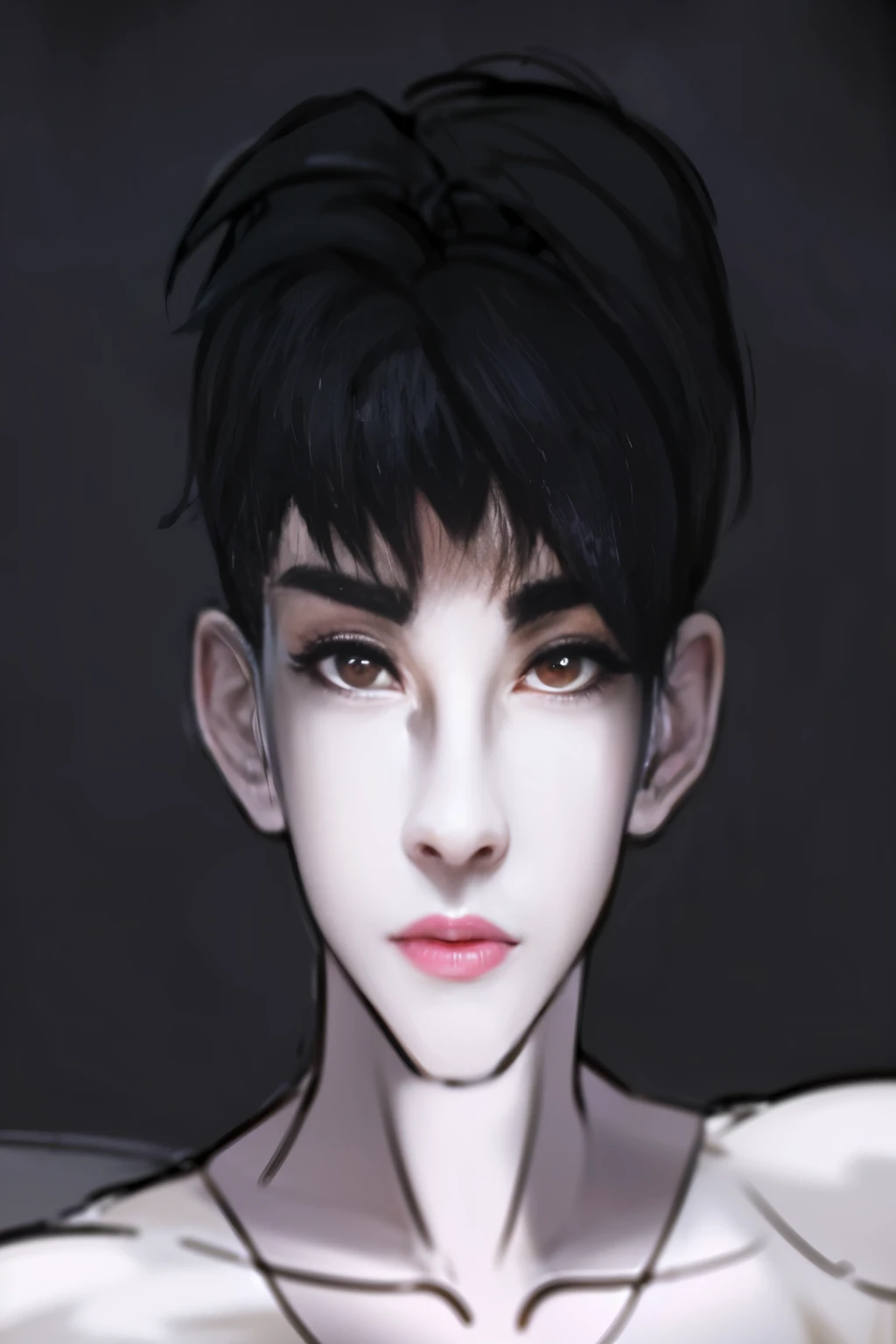 um close up de uma pessoa com cabelo preto e olhos vermelhos, androgynous vampire, com olhos vermelhos brilhantes, com olhos vermelhos brilhantes, your eyes are red and glowing, delicate androgynous prince, androgynous face, Gamoe Yandere, inspirado em Jean Malouel, attractive androgynous humanoid, face of a pale alien cultist