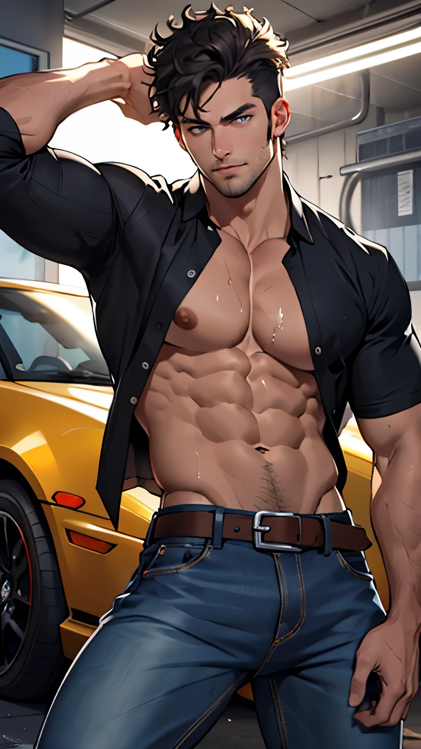 ((best quality)), ((Masterpiece)), (details), perfect face,high definition,Masterpiece,4k,details clearly,,,Handsome face,white skin,perfect body,male body,strong muscles,Abdomen muscles are wavy....,abdomen,blue eyes,white skin,The most handsome man in the world,handsome,,The coolest face,Male characters,challenge,Show off your body,Strong breasts,beautiful eyes,Look clearly.,sexy male underwear,strong legs,wet body,Show off your arm muscles,luxurious,crystal,millionaire,Ratchawong House,luxurious,Show off your muscles,black jeans,luxury car,sport car,Coolest car,shirtless,curly hair,pose on car,luxury belt,perfect hands,perfect eyes,in the garage,V shape,inside,studio light,black car,car lights,perfect male face,pose like champion,shatter jeans,eyes,close up,shatter shirt,open shirt,hotest pose,holding a wrench,black shirt,full HD,cinematic
