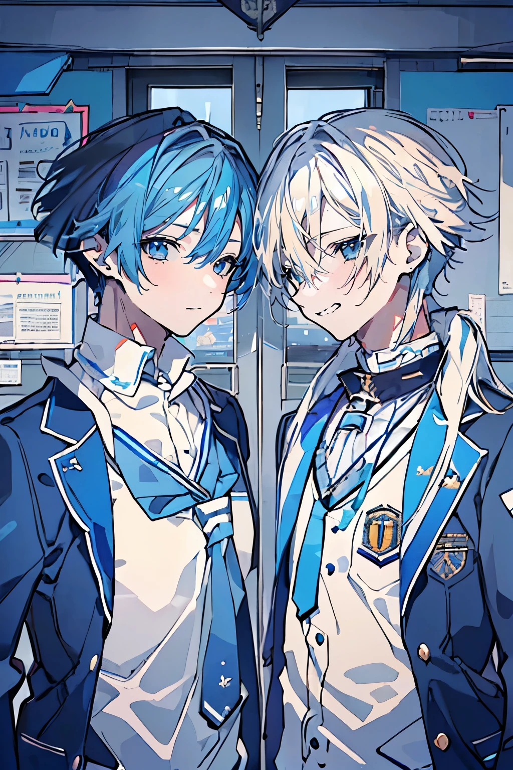 (muste piece), (best quality), very detailed, (((Two friendly high school boys:1.5))), perfect face, beautiful face, very detailed face,(blue haired man:1.3),(white haired man:1.3),School,classroom,student uniform,tie,shirt