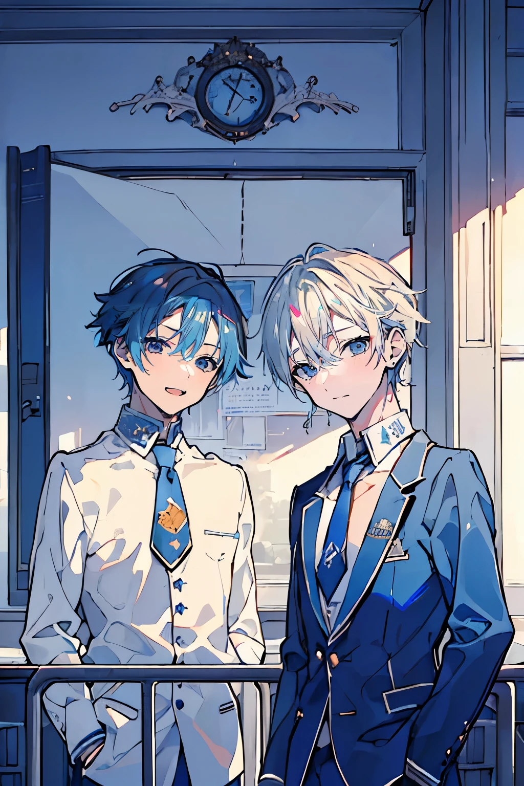(muste piece), (best quality), very detailed, (((Two friendly high school boys:1.5))), perfect face, beautiful face, very detailed face，(blue haired man:1.3)，(white haired man:1.3)，School，classroom，student uniform，tie，shirt