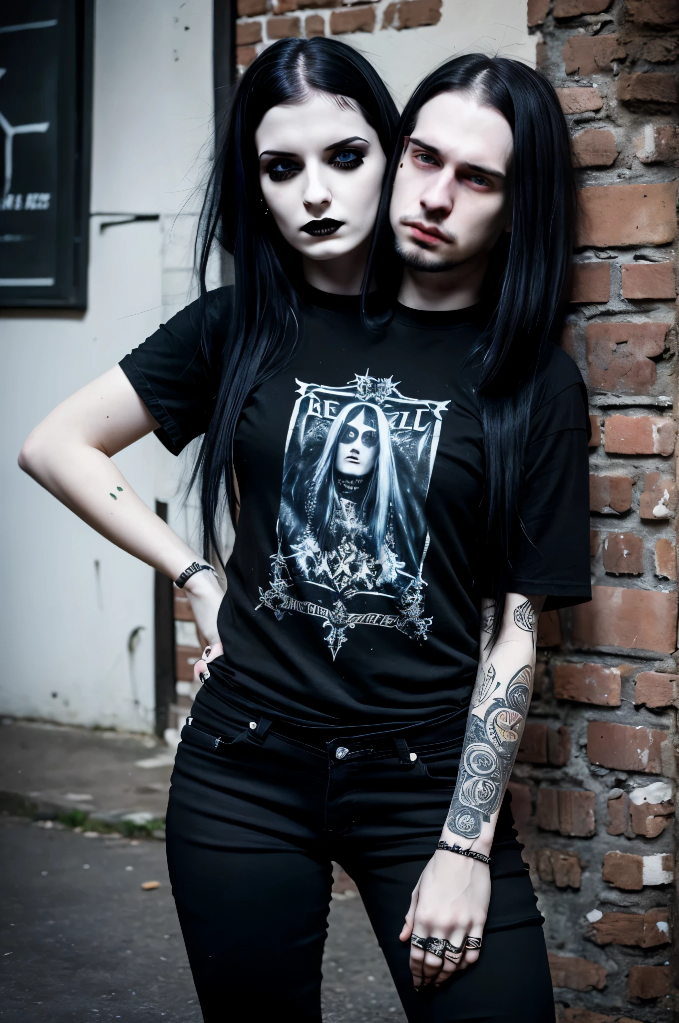 young man, metalhead, age 25, pale skin, black hair, small goatee, uncomfortable,