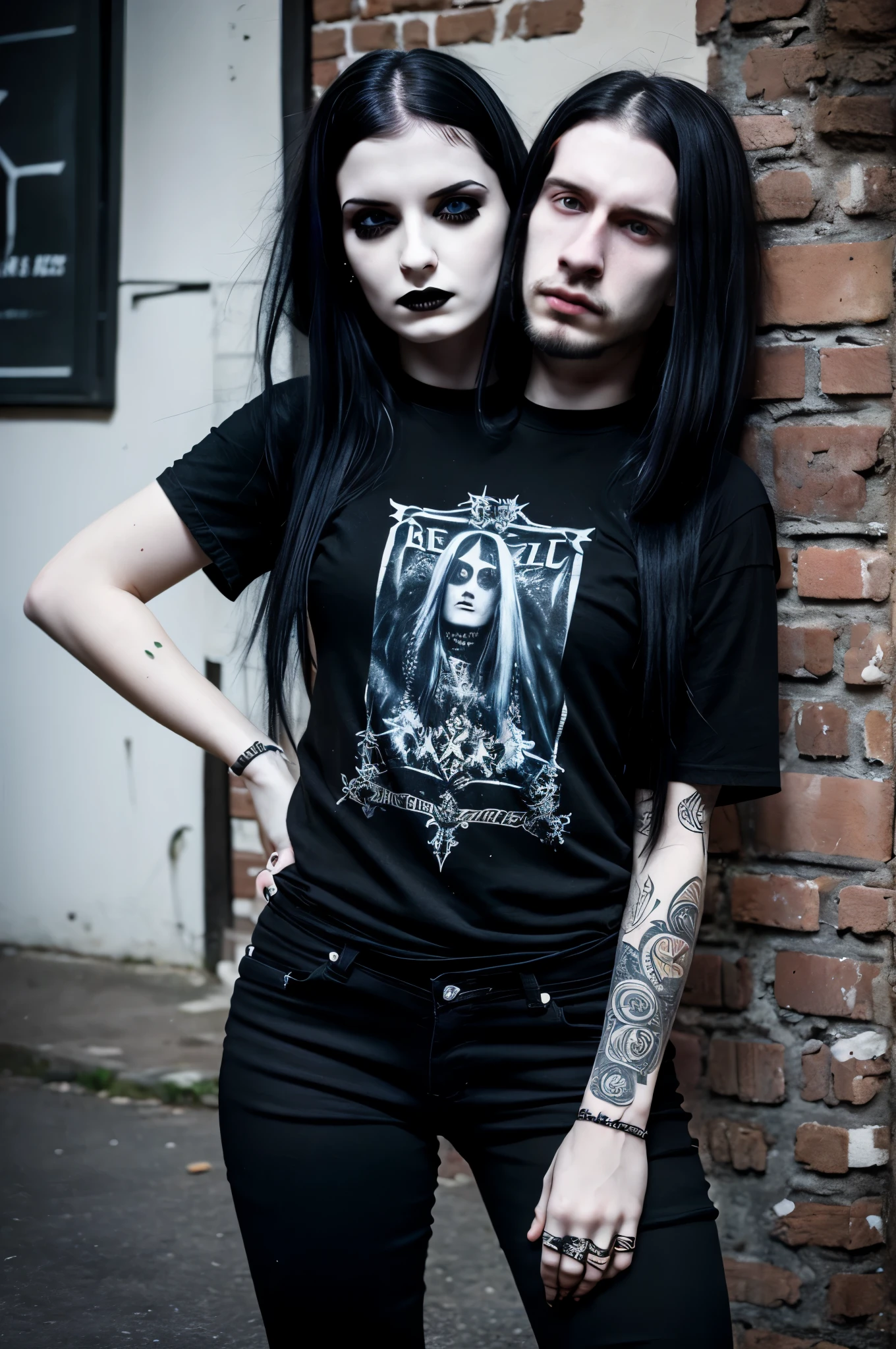 young man, metalhead, age 25, pale skin, black hair, small goatee, uncomfortable,