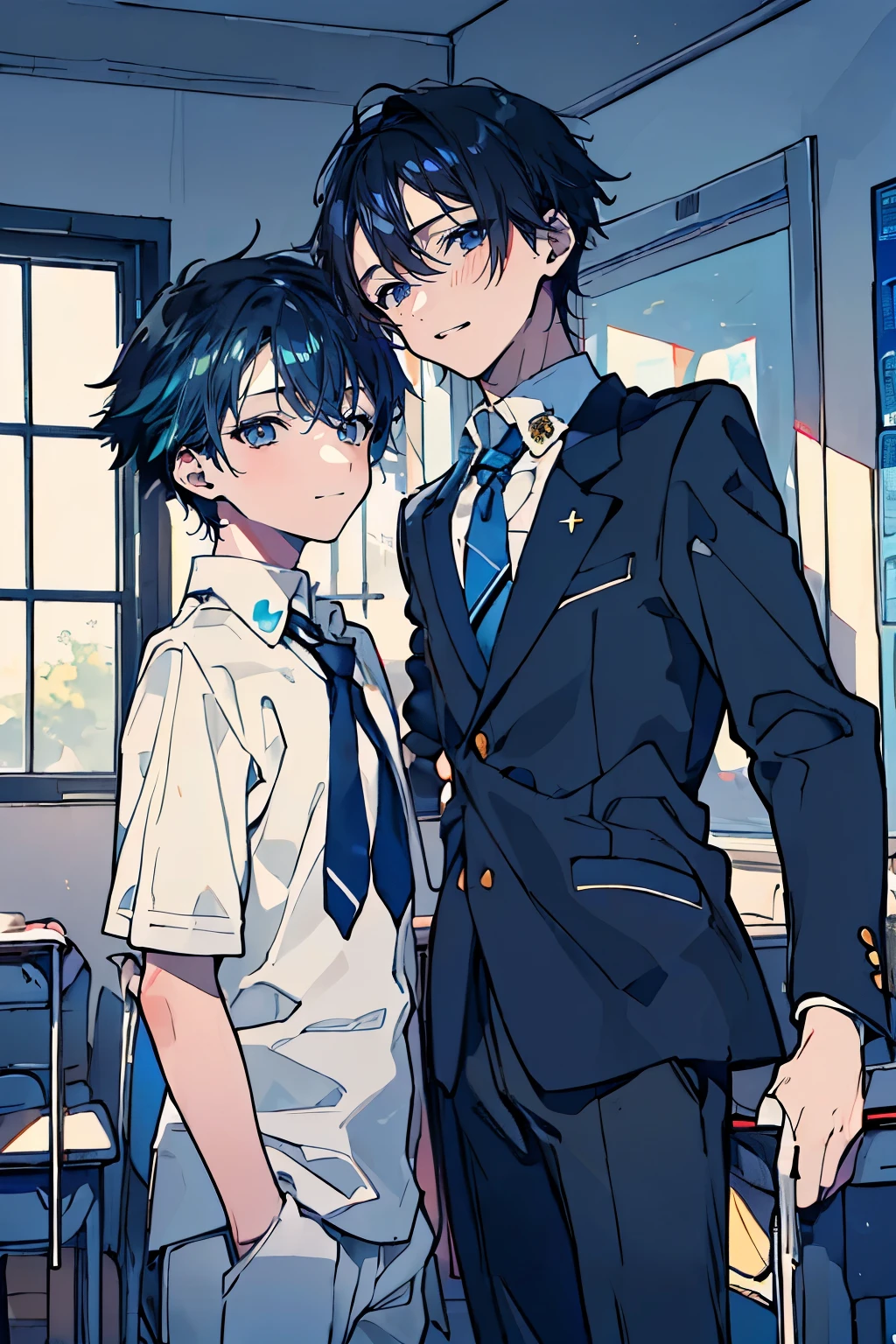 (muste piece), (best quality), very detailed, (((Two friendly high school boys:1.5))), perfect face, beautiful face, very detailed face,(dark blue haired man:1.3),(black haired man:1.3),School,classroom,student uniform,tie,shirt