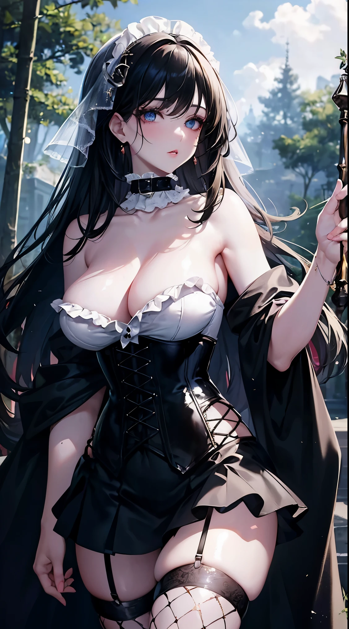 Highest Quality, ​masterpiece, beautifully detailed eyes, large breasts, pale skin, standing, makeup, glossy lips, collarbone, forest, glosdy black hair, strapless corset, (fishnet stockings), full lips, collar, frills, wizard staff