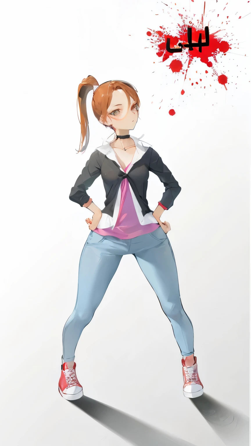 1girl,Clingy skinny blue jeans,Red convers shoes, black jumpsuit, white shirt, tight-fitting pink shirt, collar at the neck, radiant brown hair, beautiful, charming, , young woman, phone size showing in pants pocket, medium beautiful breasts,