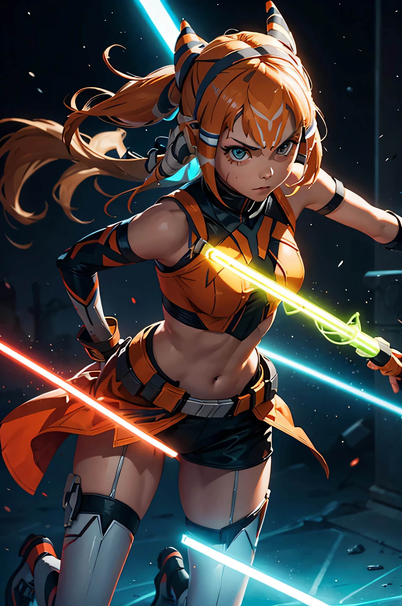 ahsoka girl with the neon sword fighting in star wars 