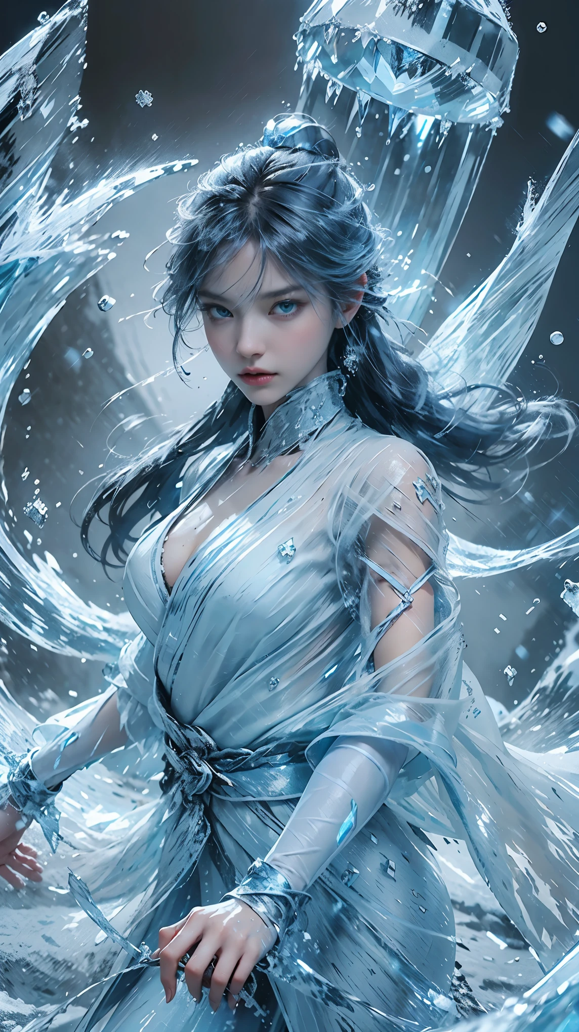 (((1 girl))),imperial water,magician,(loose dress:1.5),(perfect facial features:1.4),(blue silk robe),(Mysterious magic array:1.2),Blue glow,(Frost Wings),(((Powerful ice magic))),(((icicle))),高耸于wind景之上,Blue light cold light,(((Ice storms))),wind,((Flying snow ice and snow)),Amazing results,,best quality,masterpiece,ultra high resolution,detailed,intricate details,8k resolution,8KUCG wallpaper,high dynamic range,Aqua blue,magic circle,Cinema-level lighting effects,chiaroscuro,Ray tracing、NVIDIA RTX