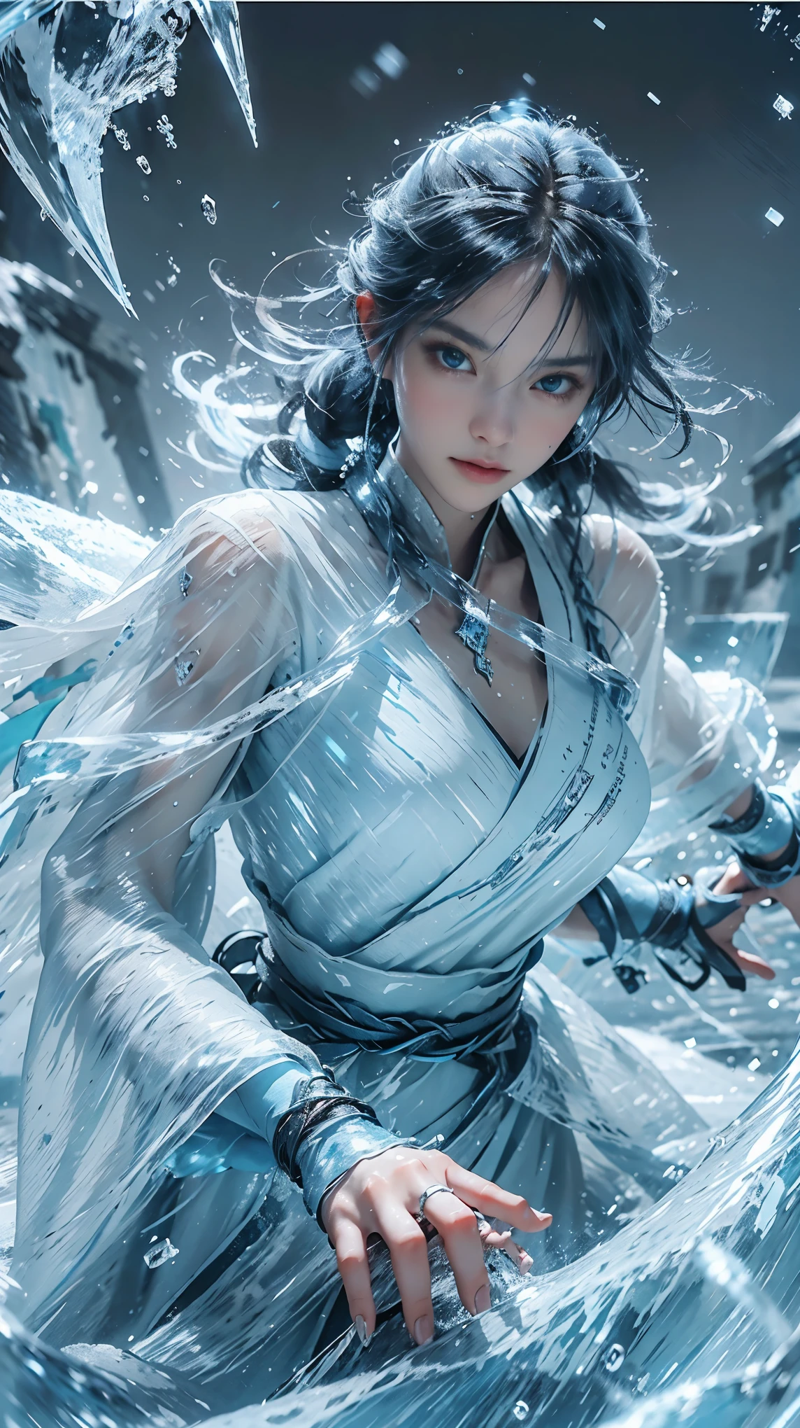 (((1 girl)))，imperial water，magician，（loose dress：1.5），（perfect facial features：1.4），（blue silk robe），（Mysterious magic array：1.2），Blue glow，（Frost Wings），(((Powerful ice magic)))，(((icicle)))，高耸于wind景之上，Blue light cold light，(((Ice storms)))，wind，((Flying snow ice and snow))，Amazing results，,best quality,masterpiece,ultra high resolution,detailed,intricate details,8k resolution,8KUCG wallpaper,high dynamic range,Aqua blue,magic circle,Cinema-level lighting effects,chiaroscuro，Ray tracing、NVIDIA RTX