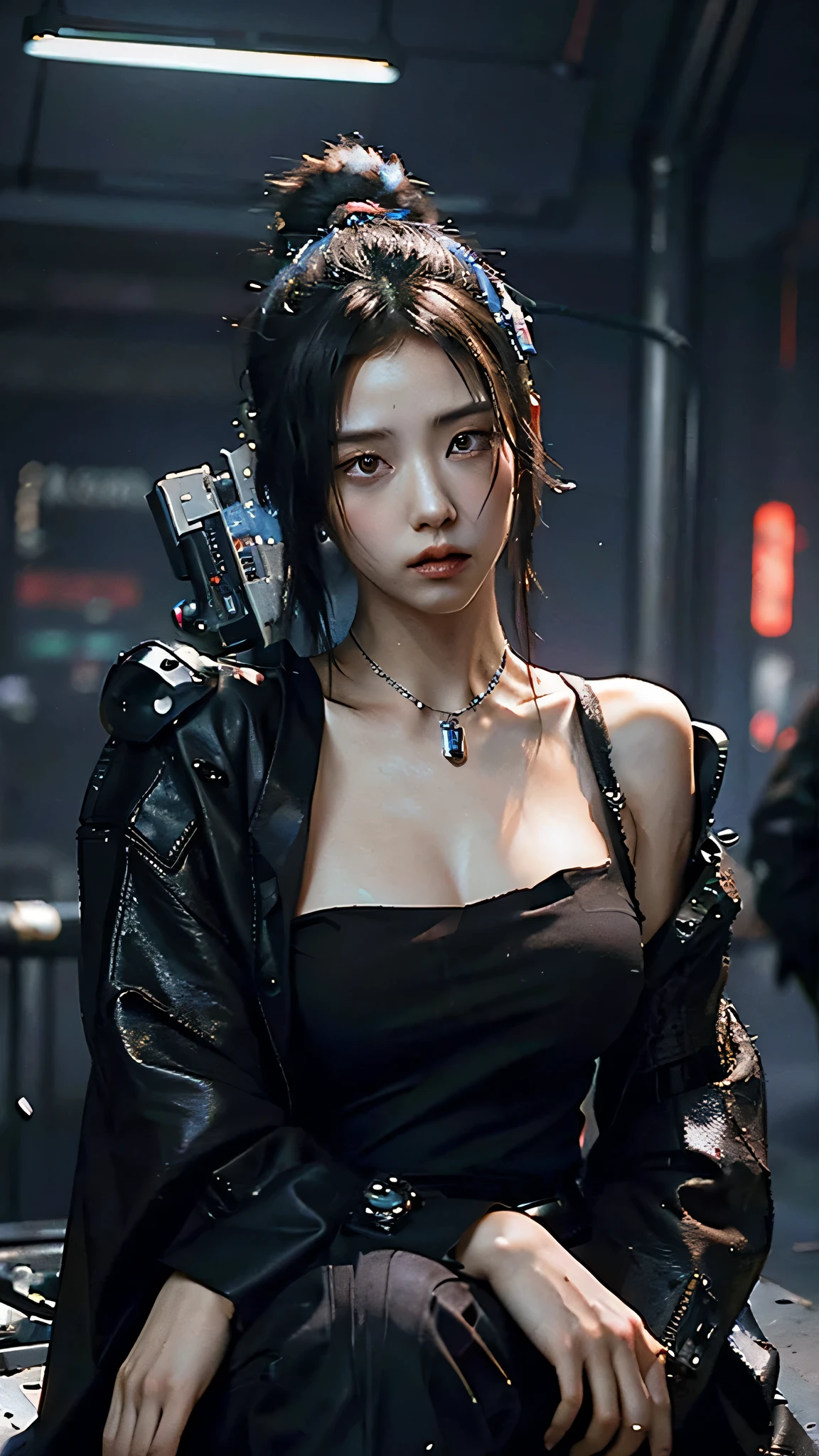 ((Best quality)), ((masterpiece)), (highly detailed:1.3), 3D, beautiful (cyberpunk:1.3) samurai woman with long black hair, black clothes looking at camera