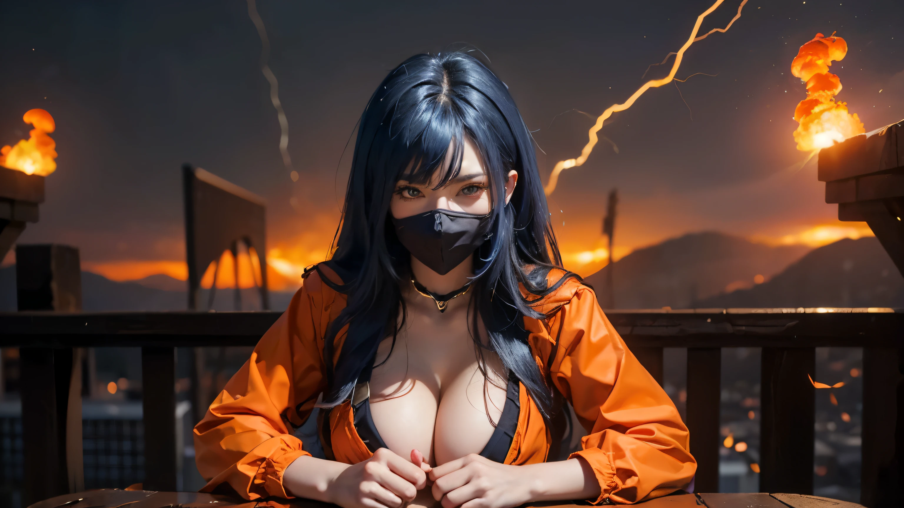 ((best quality)), ((masterpiece)), (detailed), perfect face, ((best quality)), ((masterpiece)), (detailed), Big tits girl, dragonball style, energie aura around a girl, goku, dragon ball, orange clothes,((power)), angry, energie, super powered, ((fireball on a hand)), looking ahead ,((stocking)), ((wearing orange mask)), ((volt energie around the girl)), ((sexy)), more fire, ((more dragon balls)) ,(lightning), big tits on focus, (posing with her ), (long blue hair)