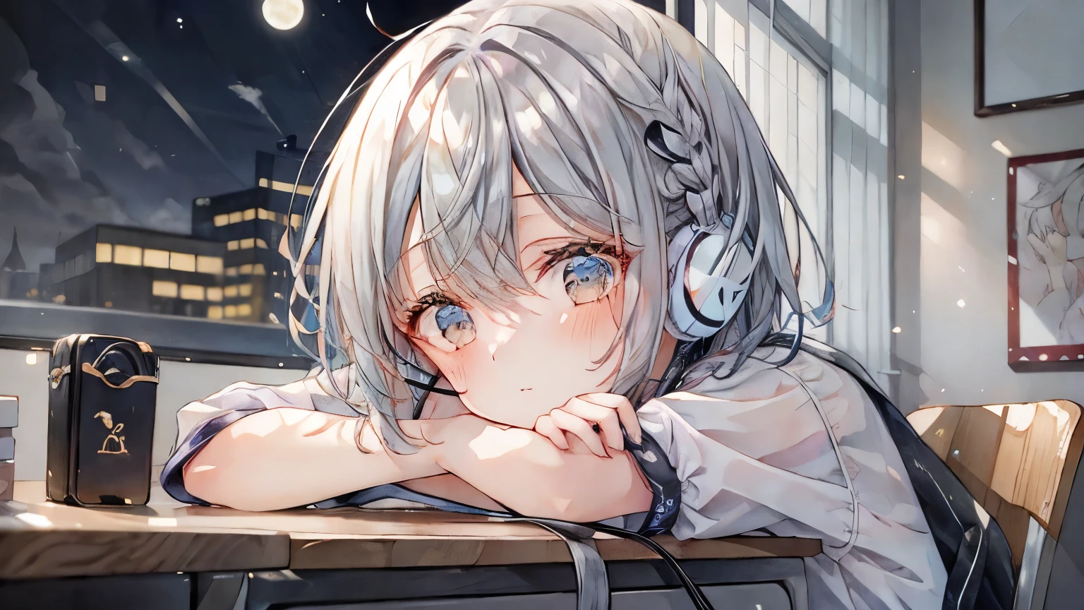 18-year-old,　girl wearing white headphones,　Hair color is silver,　big eyey eyes are sharp、cute、beautiful woman、hair is bob　study　concentrated face　on the desk　in the room　night　Cloudy　moon sky view　Preparing for the exam