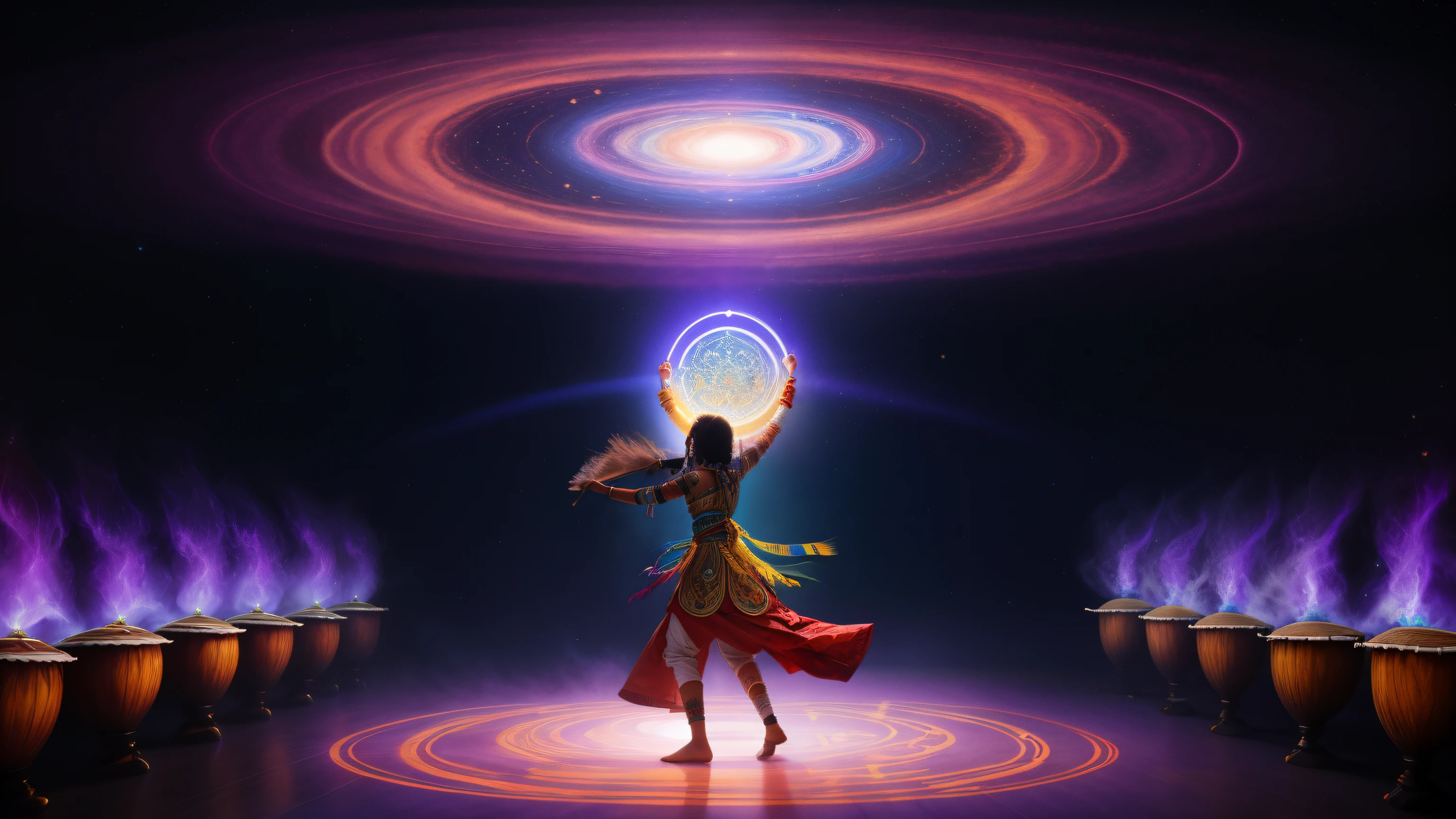 (a shaman dancing with a drum),drum,dance,clothes,traditional,tribal,energy,spiritual,ritual,passionate,mystical,fire,smoke,motion,expressive,tribe,transcendent,connection,ancestor,mind-altering,evocative,ecstasy,drumbeat,ancestral wisdom,spirit guide,shamanic journey,ceremony,ancestral spirits,cosmic vibrations,shapeshifting,altered state of consciousness,collective unconsciousness,intuition,healing,harmony,movement,ancient traditions,communion,celestial,cosmic dance,entrance,ancestral calling,transcendence,boundaries of reality,tap into the unknown,ritualistic,otherworldly,drumming rhythm,luminous,intense energy,intertwined souls,lucid dreams,portal to the divine,illumination,visualize the unseen,intuitive wisdom,soulful expressions,colorful patterns,ancestral memory,captivating presence,spiraling rhythms,living connection,reverence for nature,sacred essence,hypnotic dance.