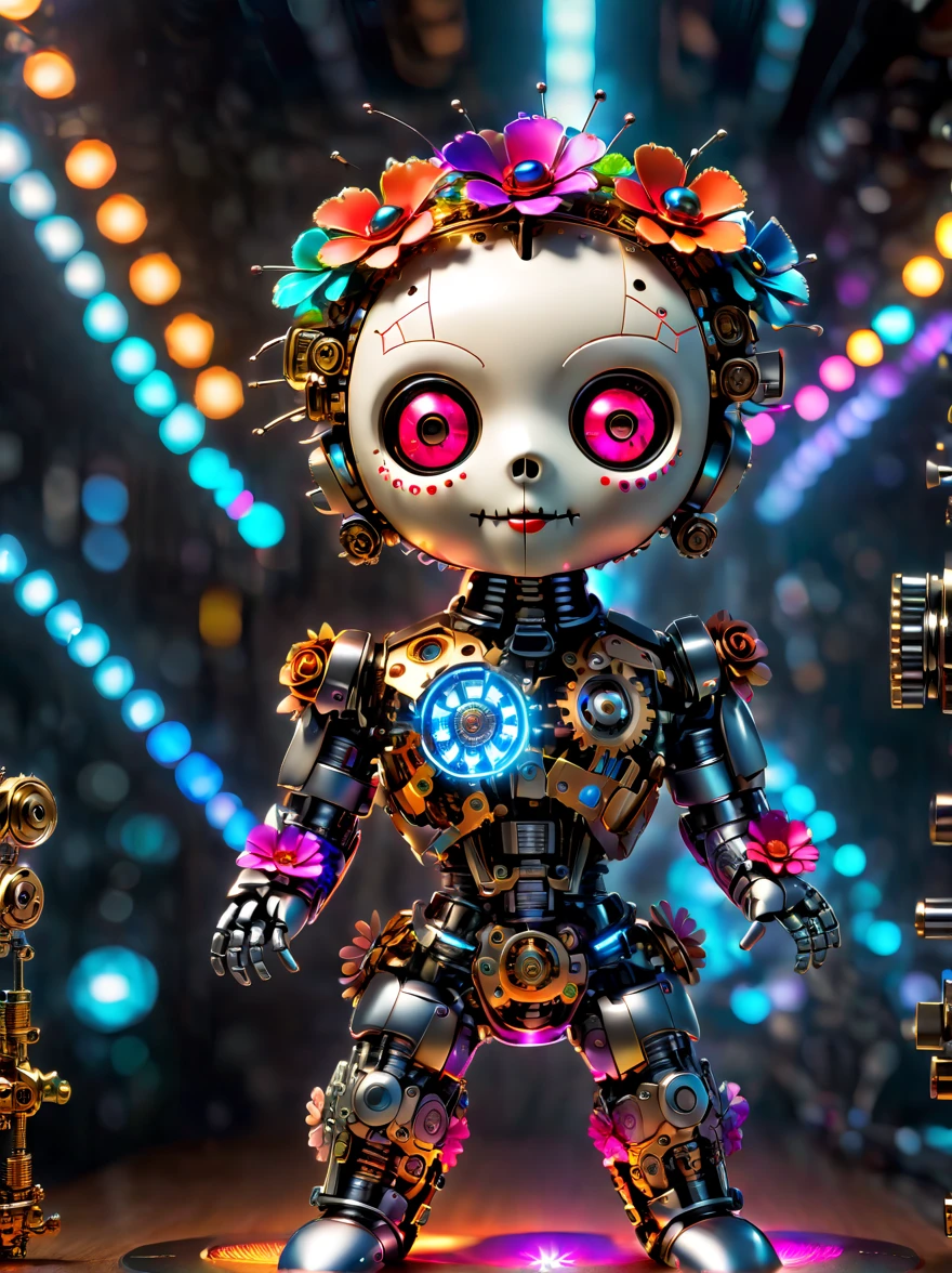 (three-dimensional，Mechanical feel，cute，1 small clown doll，Mechanical doll: 1.3), ((solo)), Colorful neon lights, High-tech mechanical parts, Metal body, Detailed vibranium flower design, bright colors, Dynamic glowing flowers, Reflective metal surface, bright environment, dynamic poses, Exquisite presence, skill improved, interlocking mechanical gears, Stylish design, motion blur effect, Detailed metal processing, Sci-fi atmosphere, Streamlined aerodynamic shape, Laser scanning pattern, Holographic projection, LED light track, beautiful and unforgettable, Advanced sensors, complex algorithm, Ominous and mysterious atmosphere, electric spark, Shiny chrome plating, Propulsion systems of the future, BJ_Gundam, (best quality, 8k, high resolution, masterpiece: 1.2), Super detailed, (whole body:1.8)
