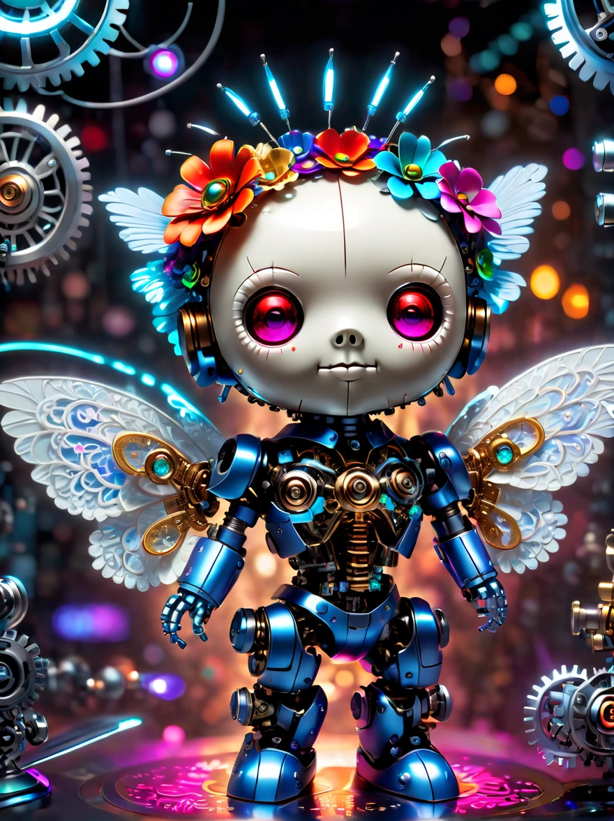 (three-dimensional,Mechanical feel,cute,1 small voodoo doll,Mechanical doll: 1.3), ((solo)), Colorful neon lights, High-tech mechanical parts, Metal body, Detailed vibranium flower design, bright colors, Dynamic glowing flowers, Reflective metal surface, bright environment, dynamic poses, Exquisite presence, skill improved, interlocking mechanical gears, Stylish design, motion blur effect, Detailed metal processing, Sci-fi atmosphere, Streamlined aerodynamic shape, Laser scanning pattern, Holographic projection, LED light track, beautiful and unforgettable, Advanced sensors, complex algorithm, Ominous and mysterious atmosphere, electric spark, Shiny chrome plating, Propulsion systems of the future, BJ_Gundam, (best quality, 8k, high resolution, masterpiece: 1.2), Super detailed, (whole body:1.8)