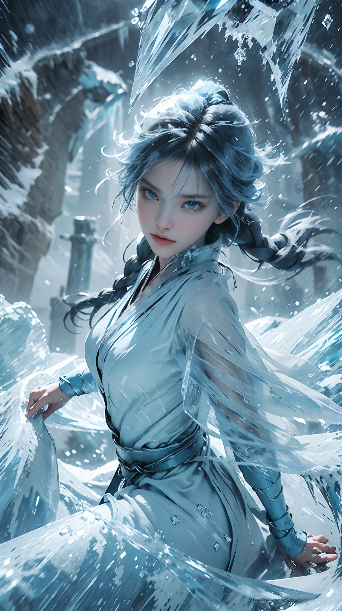 (((1 girl)))，imperial water，magician，（loose dress：1.5），（perfect facial features：1.4），（blue silk robe），（Mysterious magic array：1.2），Blue glow，（Frost Wings），(((Powerful ice magic)))，(((icicle)))，高耸于wind景之上，Blue light cold light，(((Ice storms)))，wind，((Flying snow ice and snow))，Amazing results，,best quality,masterpiece,ultra high resolution,detailed,intricate details,8k resolution,8KUCG wallpaper,high dynamic range,Aqua blue,magic circle,Cinema-level lighting effects,chiaroscuro，Ray tracing、NVIDIA RTX