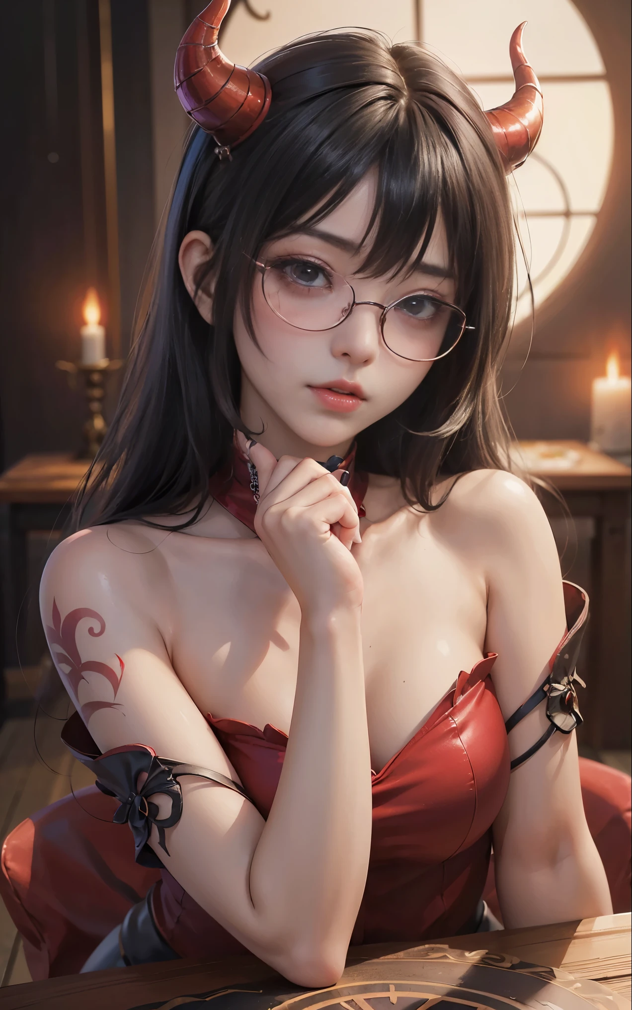 got itですかですか、(best illustrations)、8k UHD resolution、intricate details、highest quality、realistic、Super detailed、best lighting、best shadow、soft lighting、ultra hd、超realistic、Tyndall effect、Photoreal、(high detail skin:1.2)、 (intricate details, compensate, face to face with the children_v1:0.5), (got it, beautiful and delicate face, got itですか, beautiful and delicate eyes, perfectly proportioned face, high resolution skins, fine skin, Optimal ratio of 4 fingers and 1 thumb, arm under chest, red tattoo on lower abdomen、Wow wow, wide hips, smooth abdomen, thin and thin skin, __fashion__, __hair__:1.25)、Digital single-lens reflex camera、 absurd、(table top: 1.3), (maximum resolution: 1.2), (ultra hdTV: 1.2), cinematic light, fine eyes and skin, detailed facial features, , (sharp focus: 1.2）, (focus on the face:1.2),perfect style, beautiful face, acura, anatomically correct, Highly detailed face and skin texture, fine eyes, double eyelid, thin eyebrows, glitter eyeliner: 1 natural cheeks, Glossy skin, Fair skin: 1.2, (glossy lips: 1.4),(embarrassed look: 1.2),Highly detailed face and skin texture, fine eyes, double eyelid, natural cheeks,  glossy lips: 1.4,exposed cleavage、Bewitching。charm、 Beautiful devil woman from hell, デヴィッド・ホックニーとアルフォンス・ミュシャによる超realistic女性の肖像画, charm女性の肖像画、fantasy art, Chinese humanoid robot、chinese actress、dungeon、dragon、devil&#39;palace of、devil&#39;torture chamber、night、dark style 、in the dark、(detailed spooky background:0.8), magic、 1 girl、evil nun、dark necromancer、Succubus、devil&#39;Daughter of、Shinonome Umi、bat wings，(((devil&#39;Horn)))、 ((((giant glasses, otaku glasses, thick glasses, round glasses)))),(((big breasts)))、(devil&#39;tail)、(red eyesは光り輝いて:1.6)、red eyesは非常に鮮明で詳細です, your eyes are so beautifully made, ((red eyes:1.0)),intricate tattoo, demonic intricate tattoo, thigh tattoo, body tattoo, masterpiece、最もbeautiful face、baby face、cute smile、beautiful plump red lips、筋肉のcharm体、devilのcharm体、devil style、charmブラックマジックコスチューム、The long-haired、Braid、Black hair、Ponytail distortion、, Ponytail with a bow tied at the back of the hair, beautiful expression、body up、big breasts強調、bust,  super tight chest, Breast augmentation surgery, Breasts are very big and round,tight waist、wide ass、 secret key, cowboy lens, (black phoenix dress: 1.0),  devil crown,  bright red jewel necklace、Jewelry G Wise,  Please wear black mesh socks,wearing light red、nffsw, nffsw, Meeting beautiful girls, look at the girl&#39;Main body,