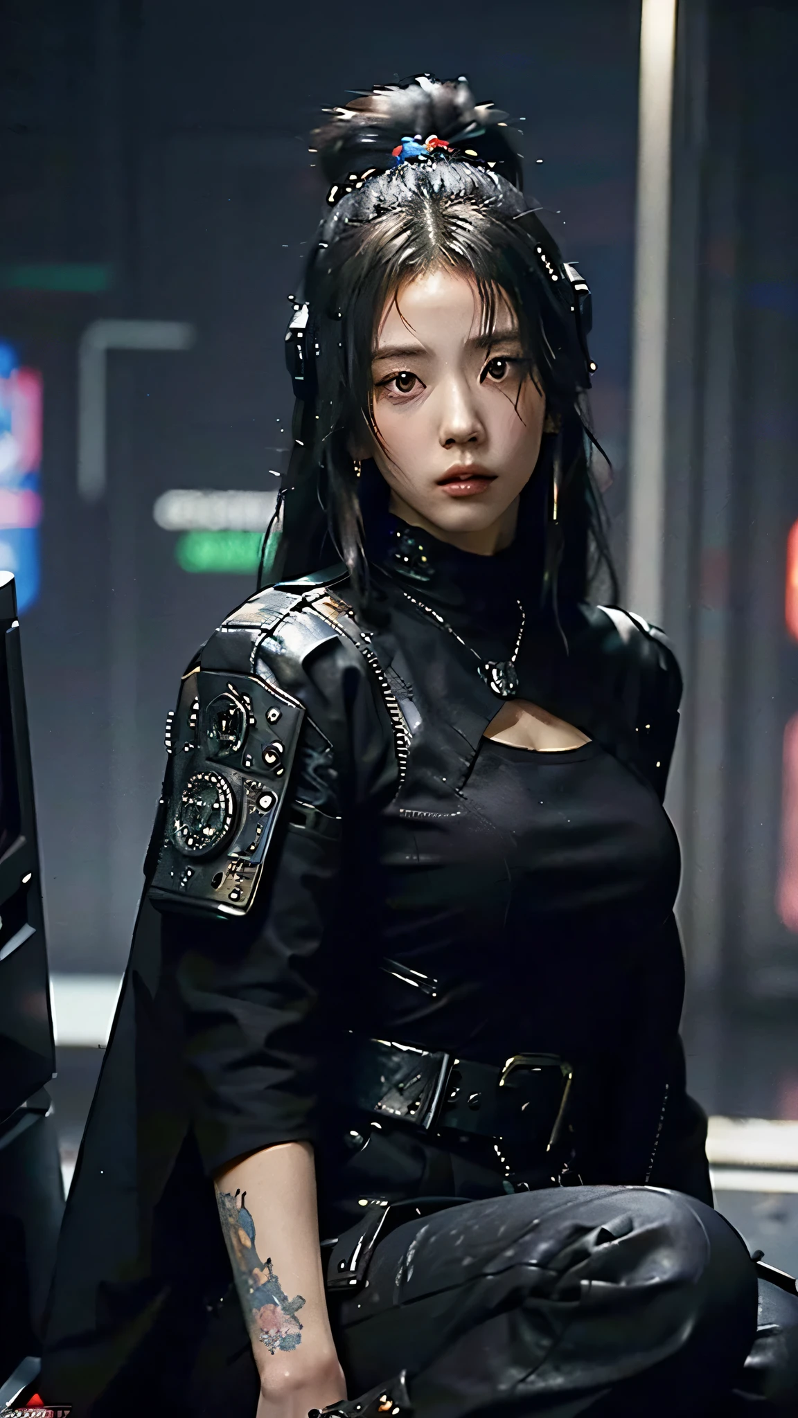 ((Best quality)), ((masterpiece)), (highly detailed:1.3), 3D, beautiful (cyberpunk:1.3) samurai woman with long black hair, black clothes looking at camera