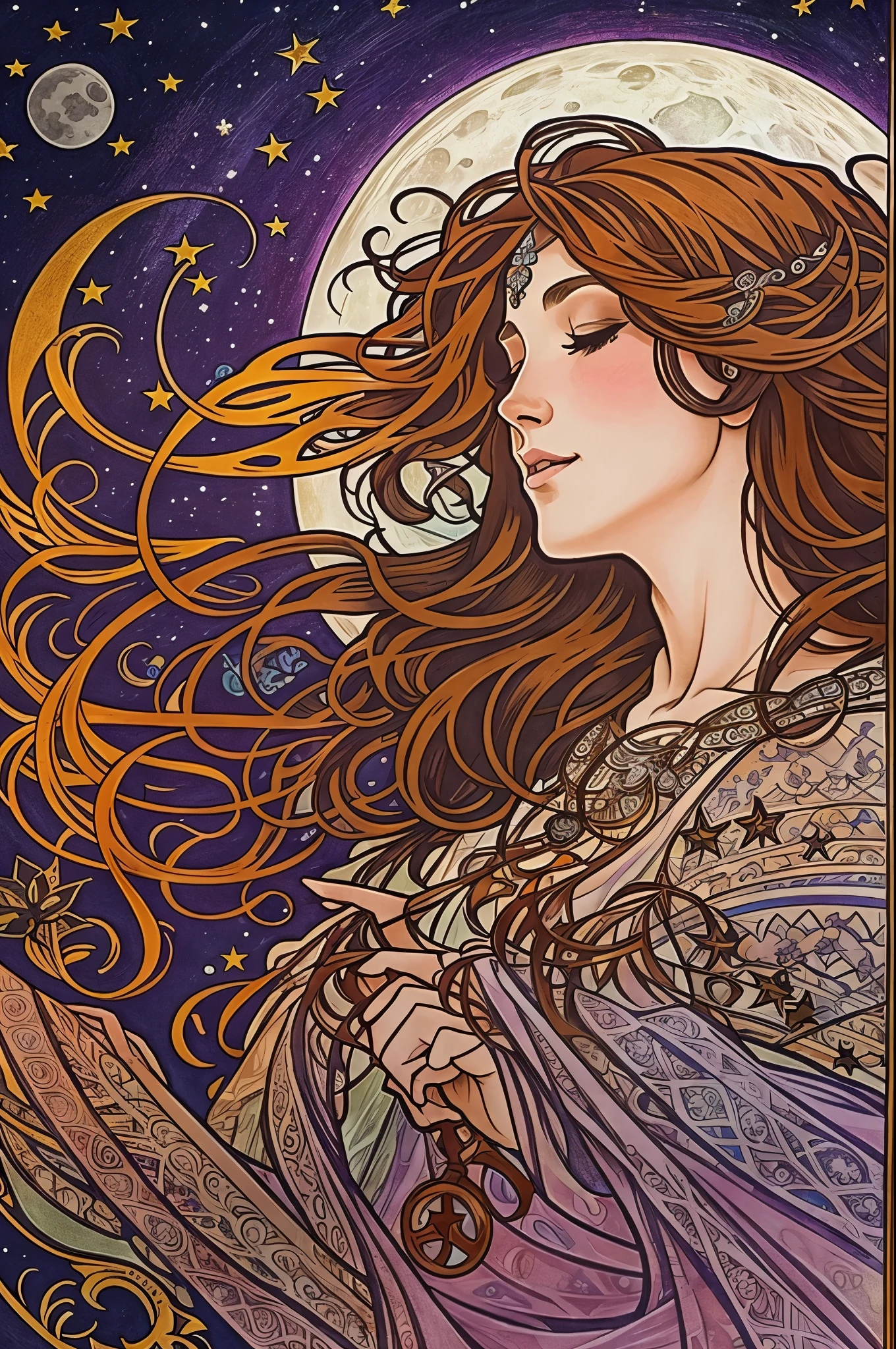 a close up profile hand drawing of a beautiful witch in the style of alphonse mucha, in the middle of a moonlit ritual. she has auburn hair and light skin, her eyes are closed, she has a mellow smile, and her hands are crossed as if dancing, there is a tome floating beside her. around her, there are various large transparent red raven spirits, croaking and flying away into the night, the moon and stars adorn the background of this drawing