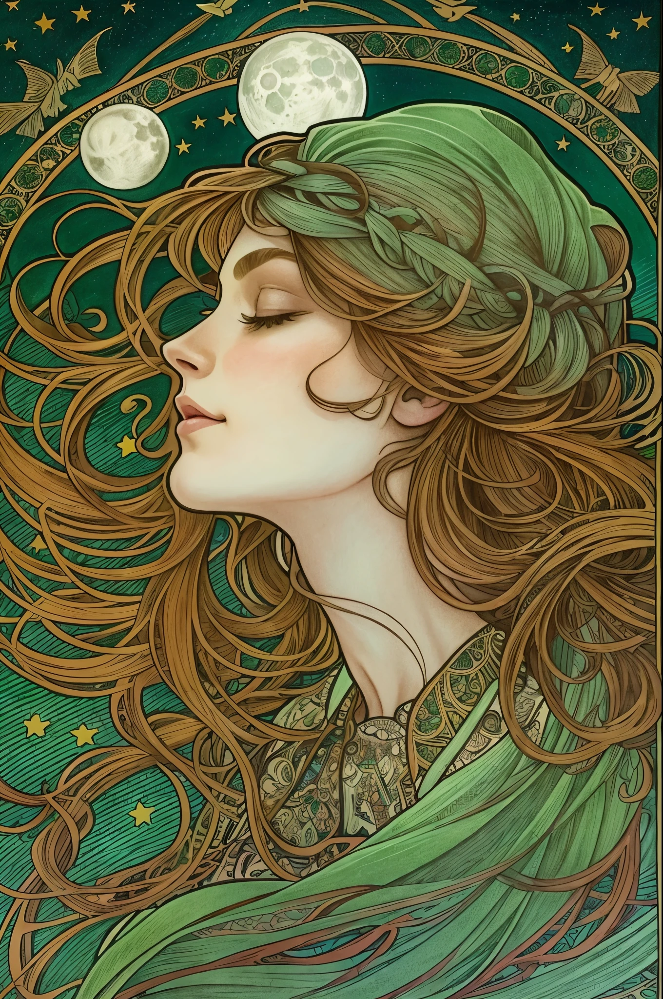 a close up profile hand drawing of a beautiful witch in the style of alphonse mucha, in the middle of a moonlit ritual. she has auburn hair and light skin, her eyes are closed, she has a mellow smile, and her hands are crossed as if dancing, there is a tome floating beside her. around her, there are various large transparent red raven spirits, croaking and flying away into the night, the moon and stars adorn the background of this drawing