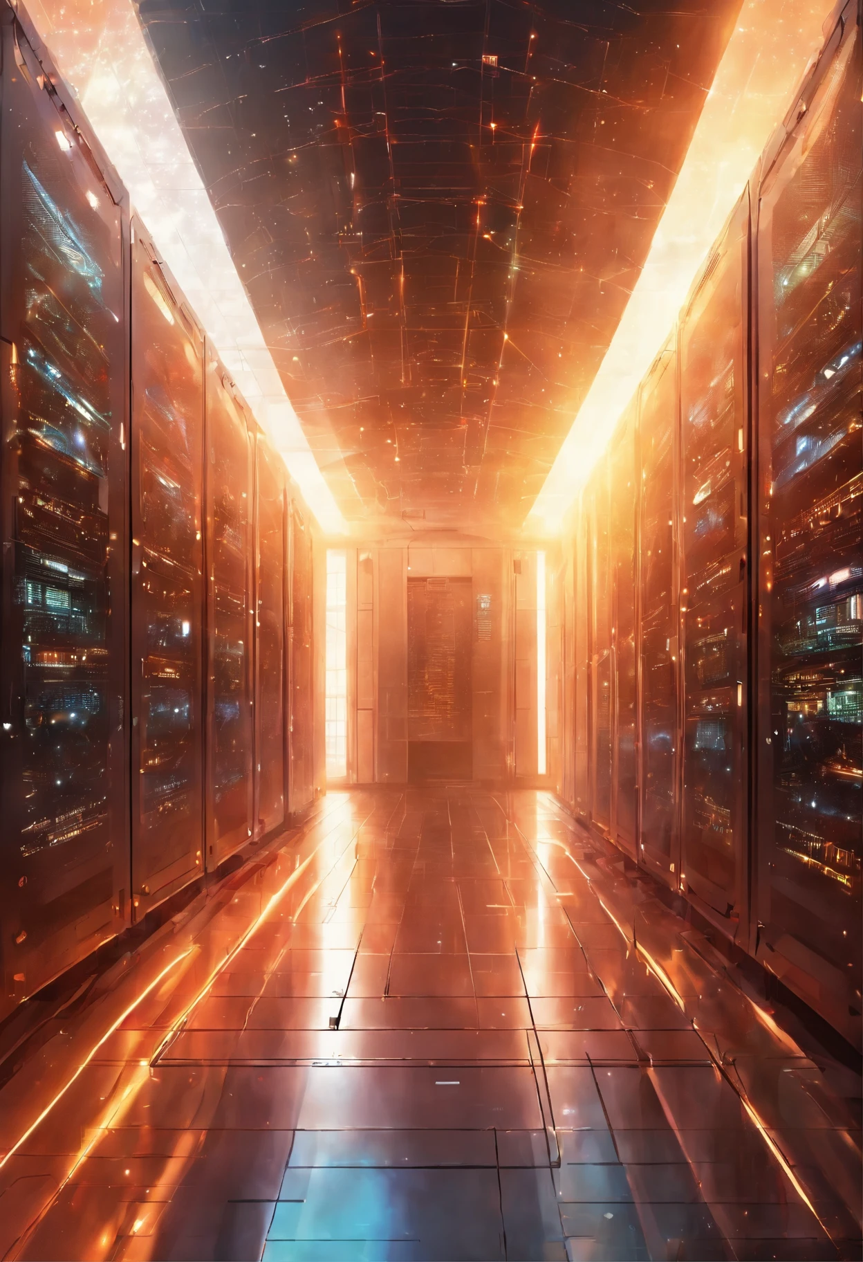 a dimly lit hallway with rows of data and computer screens, background is data server room, hacking into the mainframe, cosmic energy, pulsating light, cyber space, in realistic data center, 3840x2160, 3840 x 2160, spaceship hallway background, cyber architecture, surreal cyberspace, in detailed data center